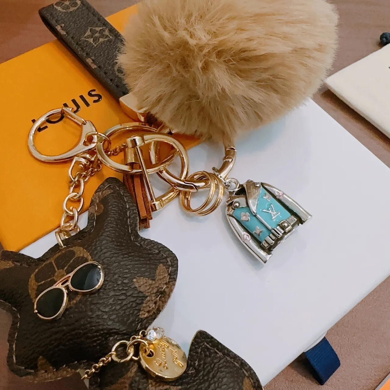 Louis Vuitton Brown Beige Monogram Leather Fur Pom-Pom Crossbody Bag