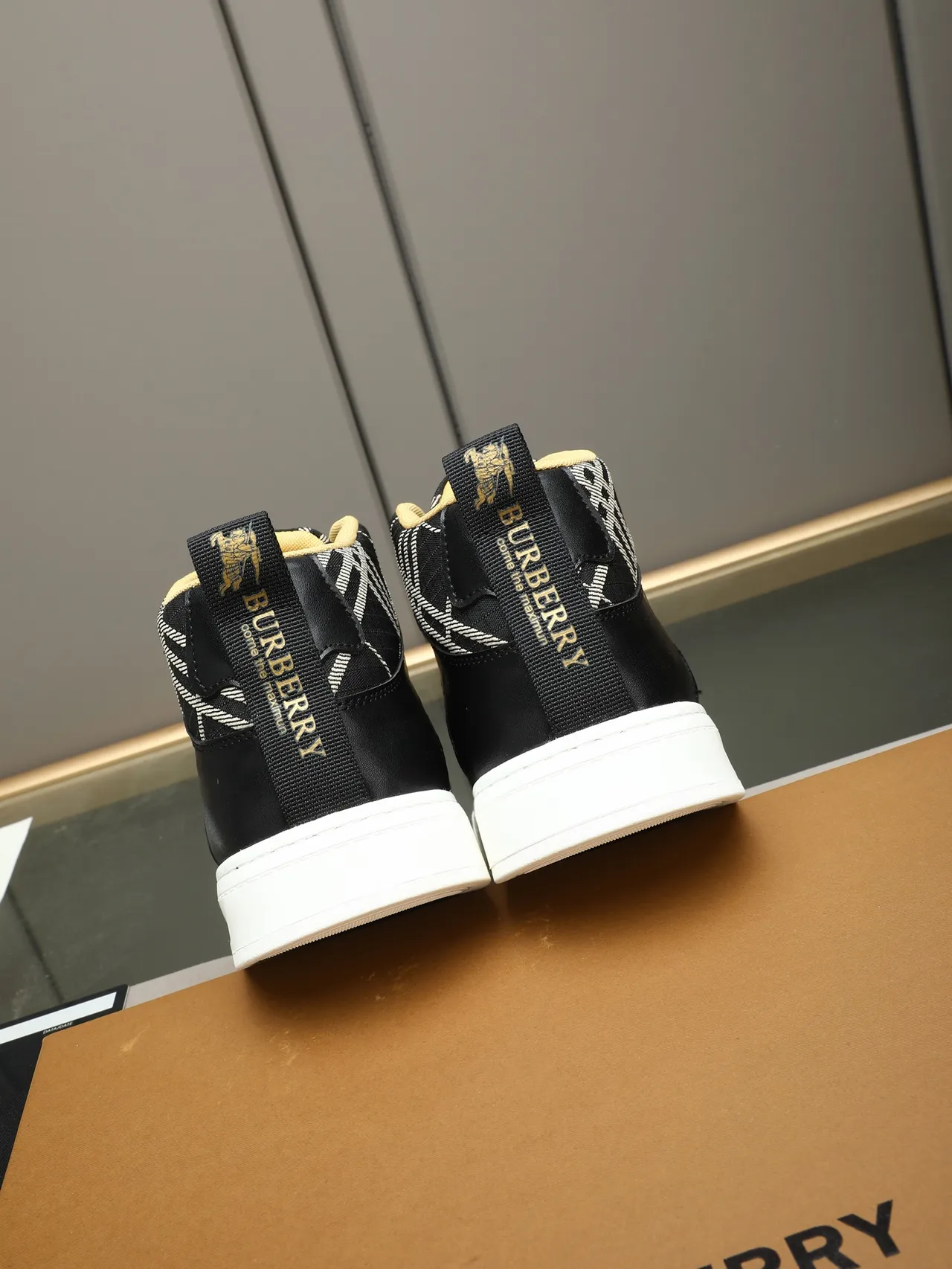 Burberry Black Gold High-Top Leather-and-Check Textile Lifestyle Sneakers