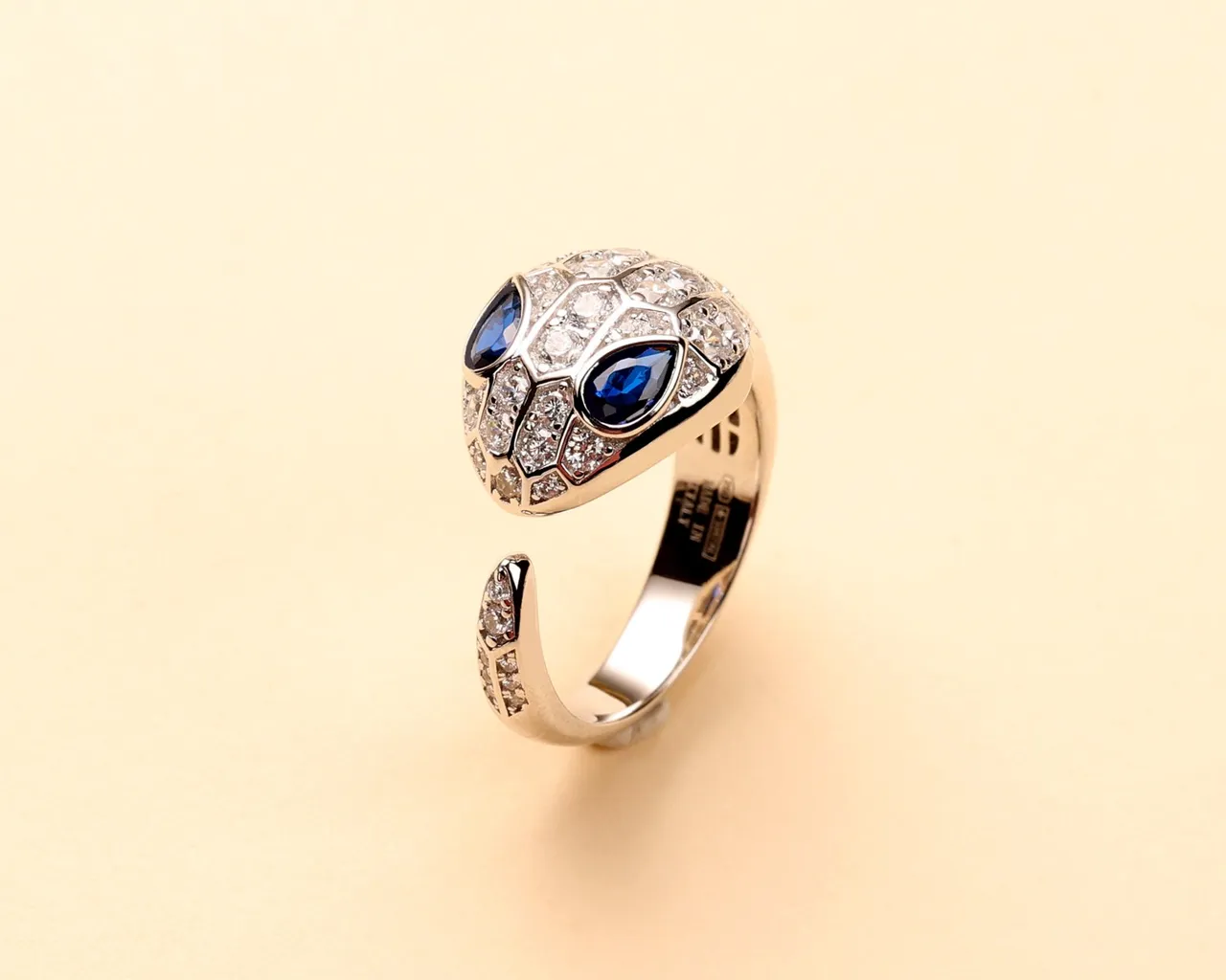 Gold Blue Snake Motif Pavé-Set Scales Ring