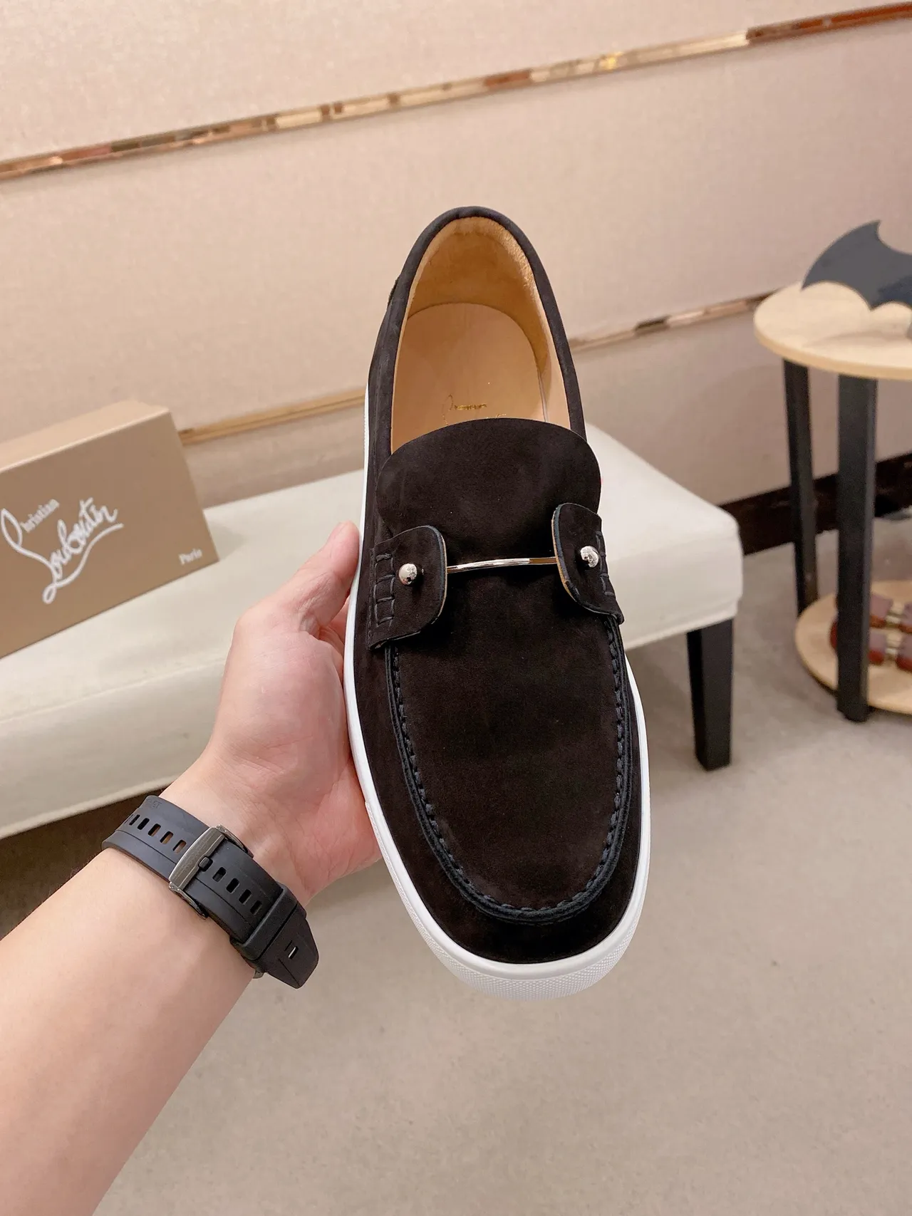 Black White Suede Upper Moc-Toe Construction Loafer
