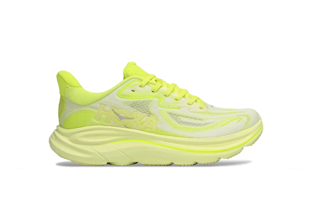 Hoka White Yellow Engineered Knit Upper Neon Accents Running Shoes