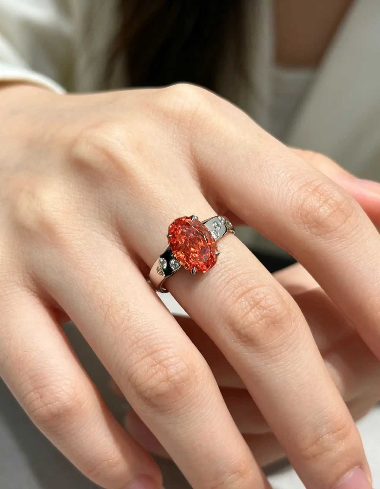Orange Silver Oval-Cut Center Stone Four-Prong Solitaire Setting Ring