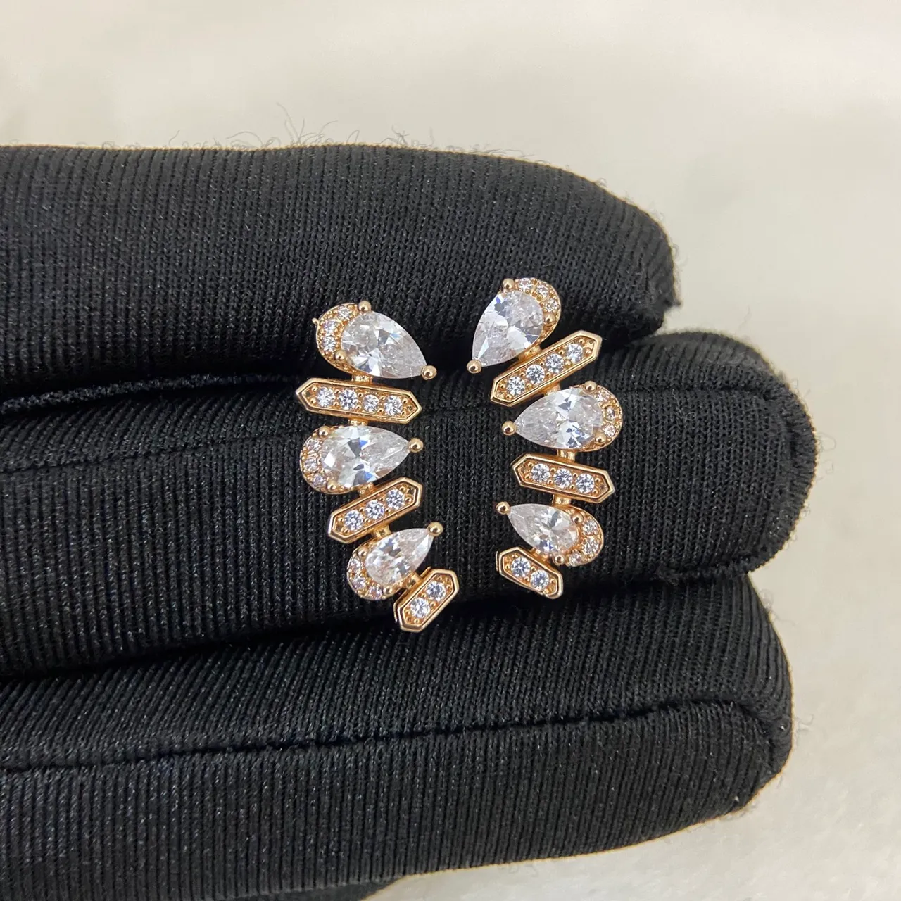 Gold Silver Multi-Tiered Pear-Cut Stone Earrings