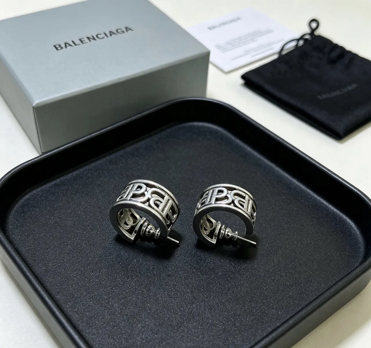 Balenciaga Logo-Integrated Hoop Silver Black Metallic Earrings