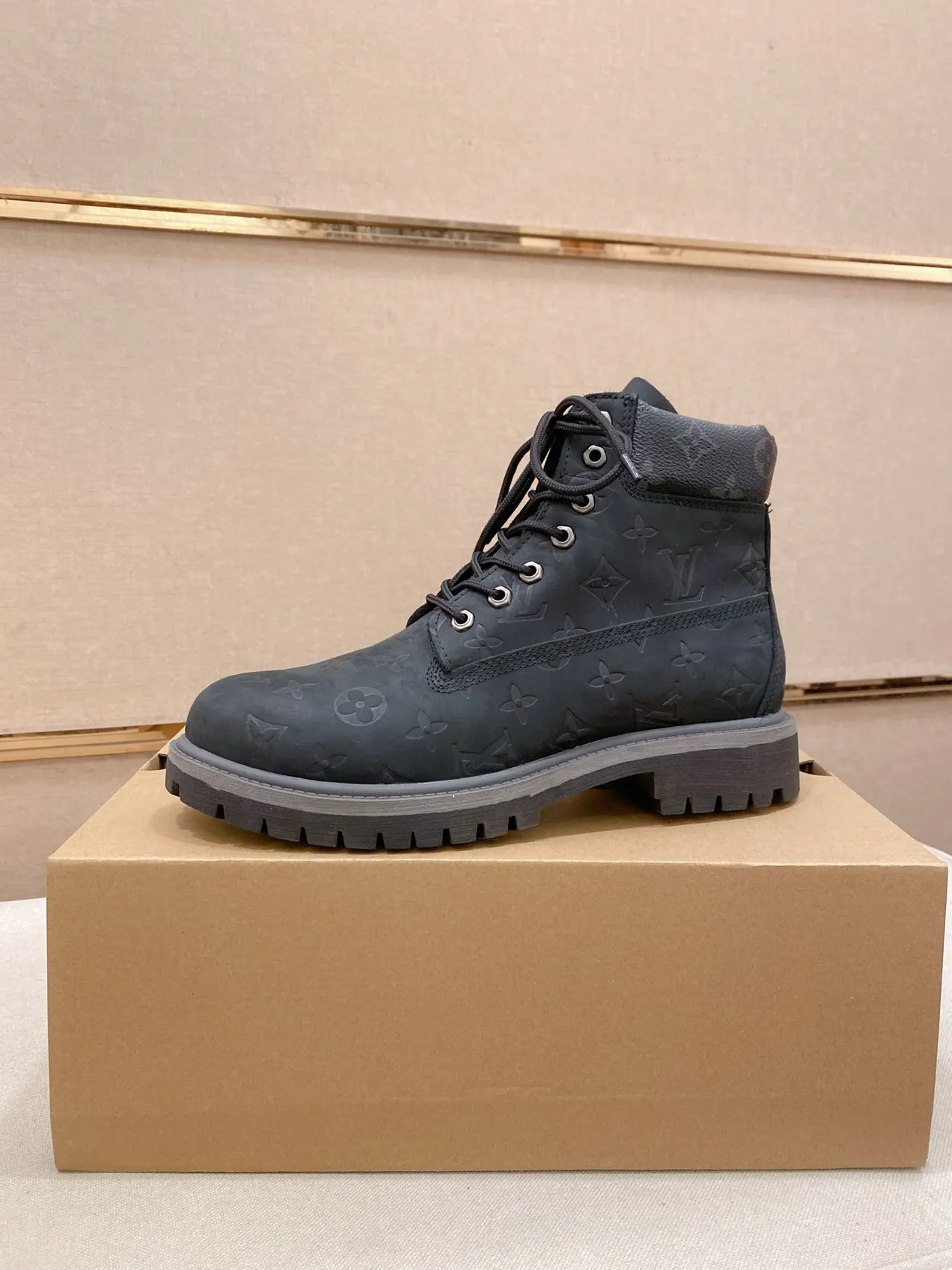 Louis Vuitton Trail Boot Black Gray Monogram-Embossed Leather Lace-Up Work Boots