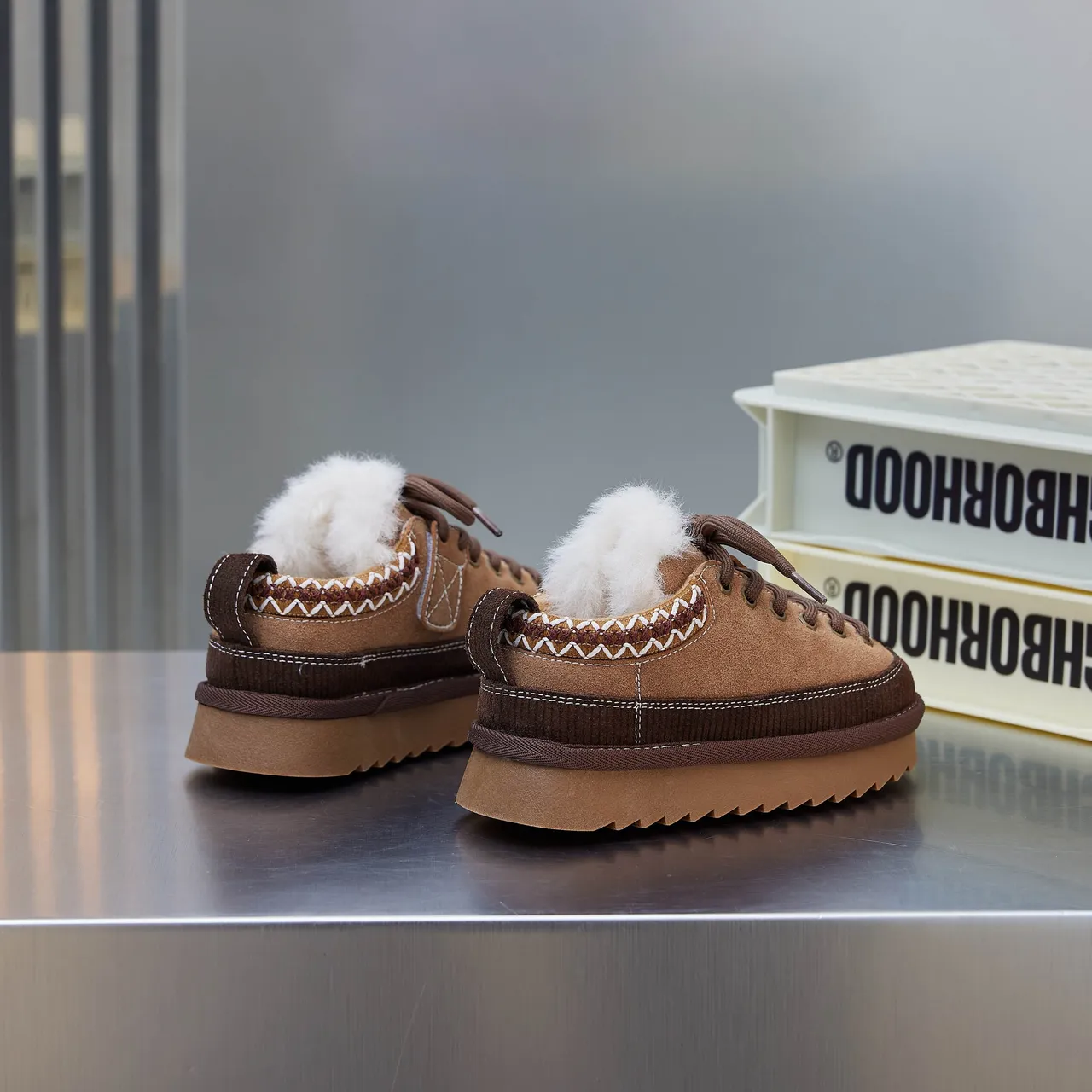 Brown Beige Platform Sole Plush Lined Snow Boots