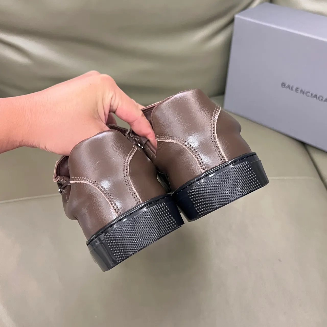 Balenciaga Speed Trainer Brown Leather Strap Laceless Lifestyle Sneaker