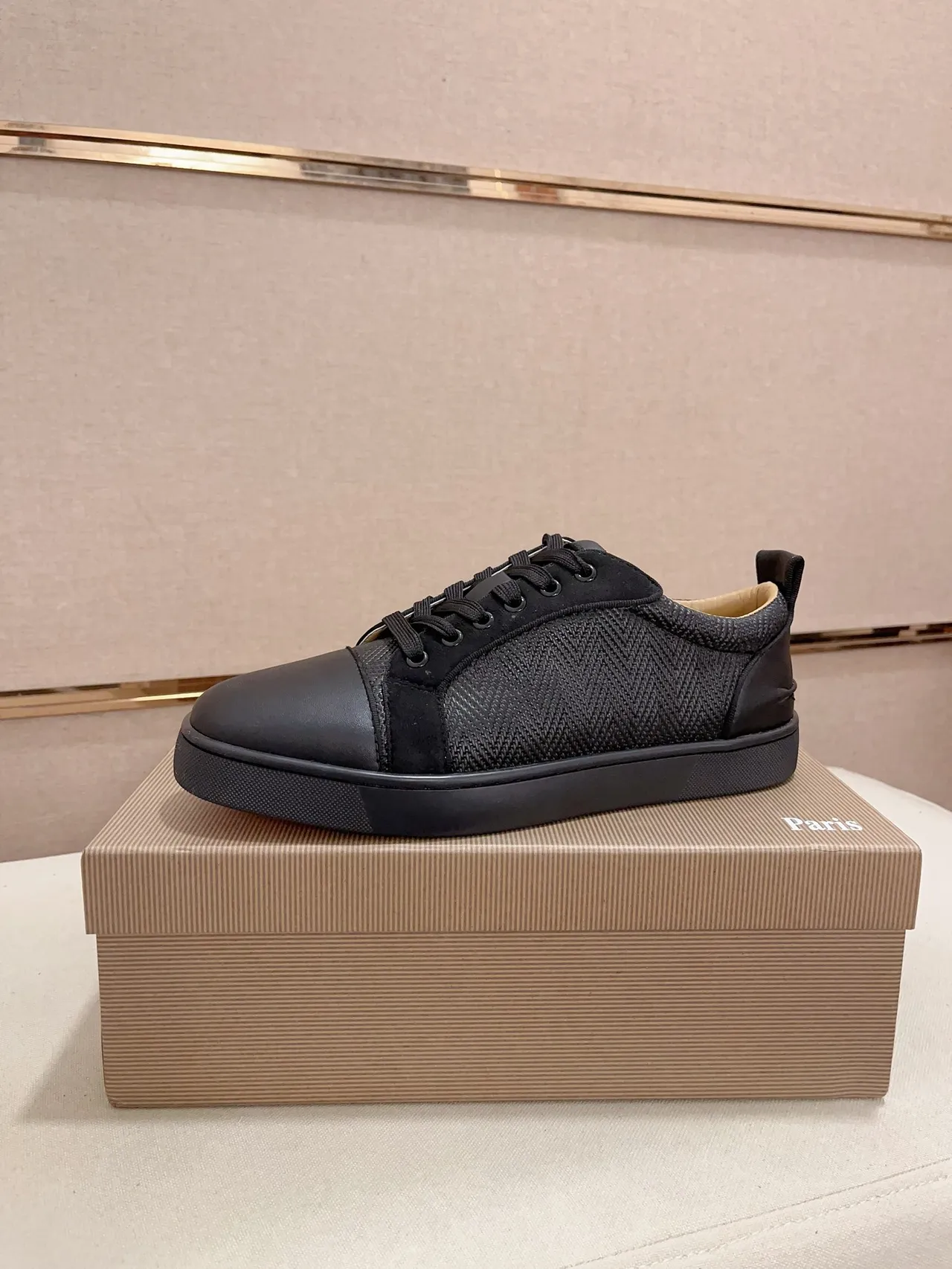 Christian Louboutin Black Beige Cap-Toe Woven Textile Upper Lifestyle Sneakers