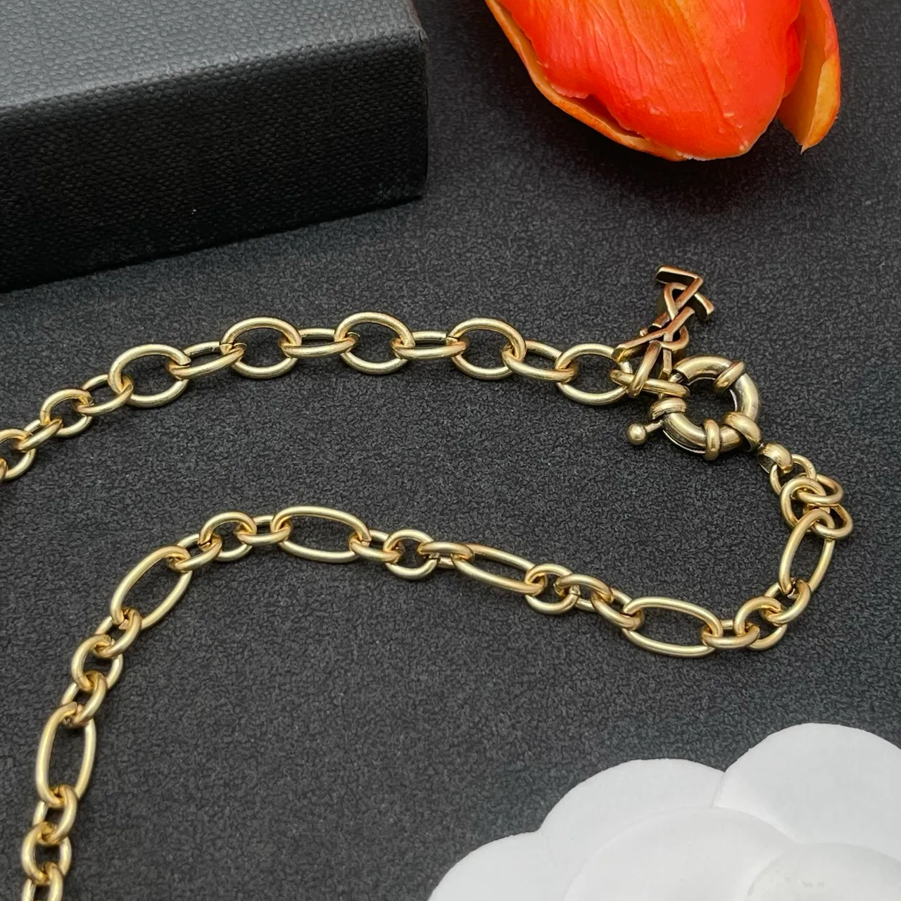 Saint Laurent Gold Silver Chunky Oval-Link Chain Circular Textured Pendant Necklace