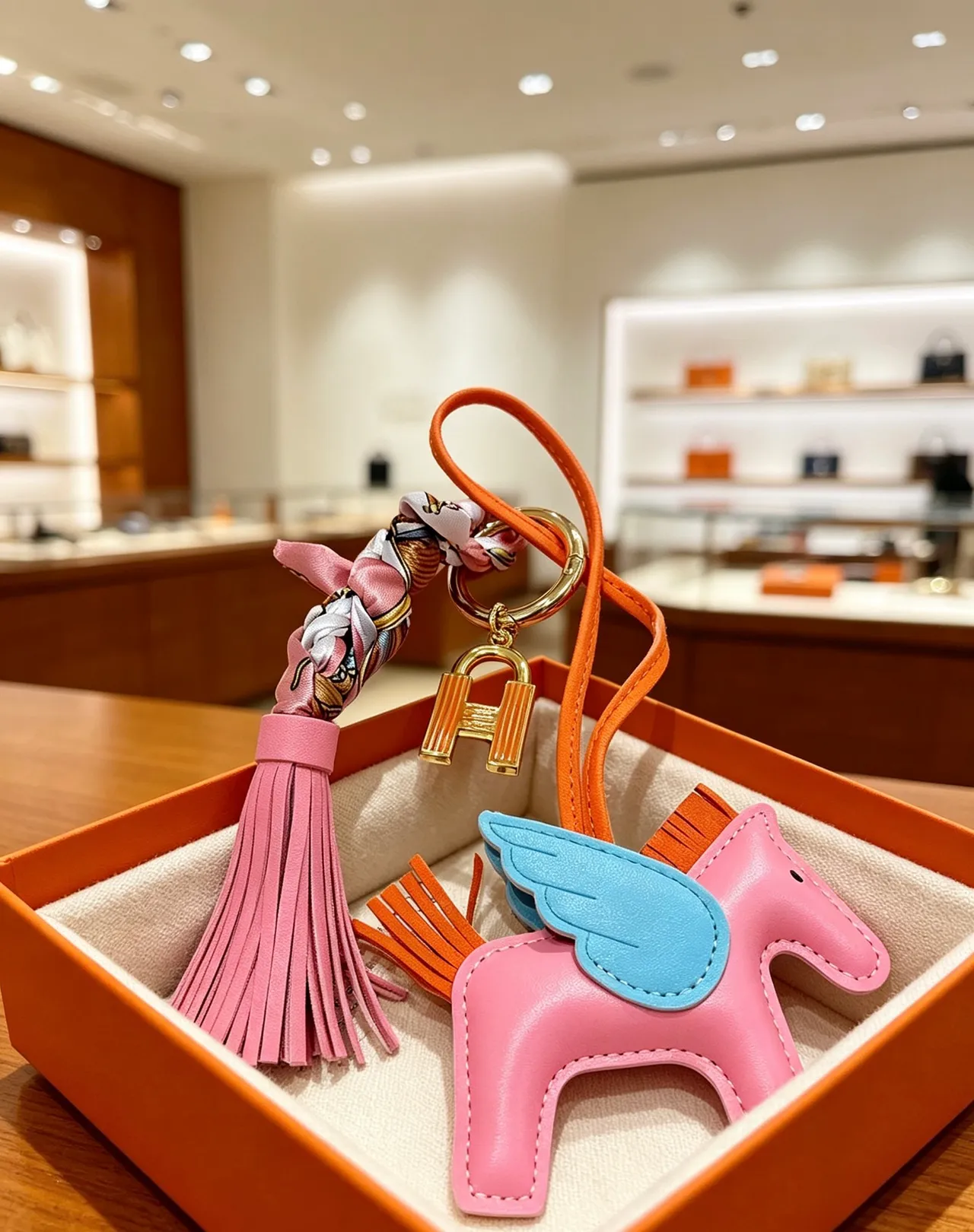 Hermès Grigri Pégase Pink Blue Leather Winged Horse Charm Stitched Silhouette Tote Bag