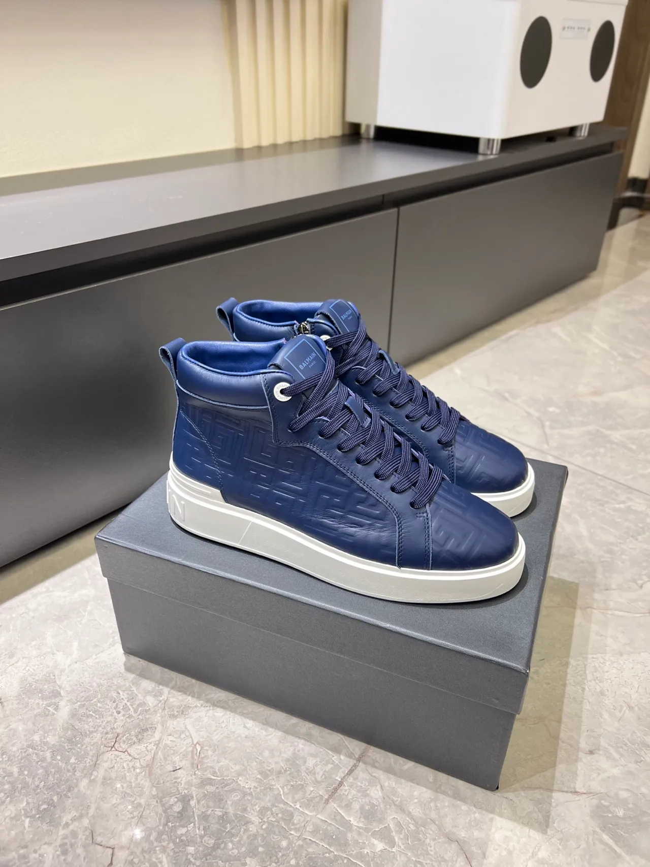 Balmain B-Court Navy White High-Top Embossed Leather Lifestyle Sneakers