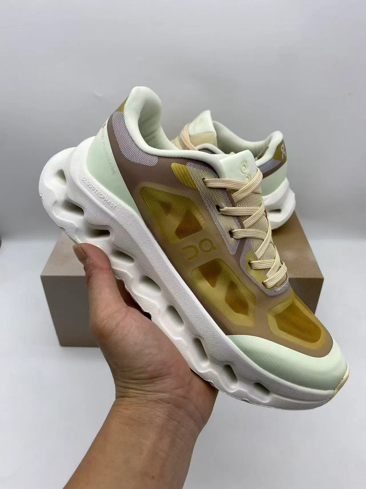 On Beige Gray Sculpted Open-Cell Midsole Mesh And Synthetic Overlay Upper Running Shoes