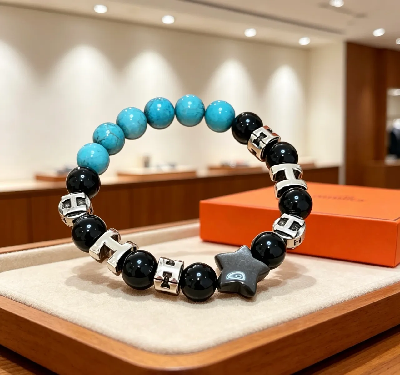 Hermès H Collection Black Blue Beaded Stretch Hardware Bracelet