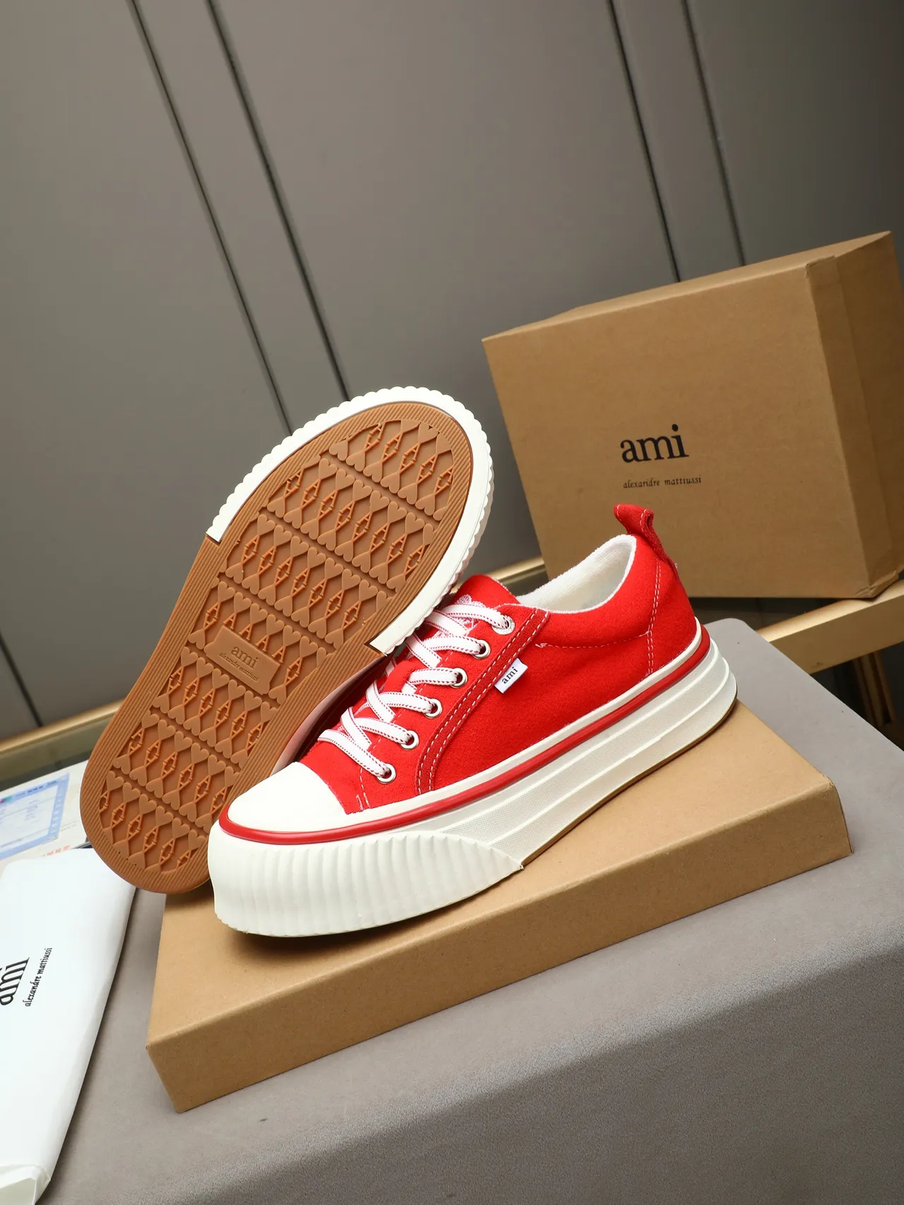 AMI Paris Platform Sneakers Red White Low-Top Suede Upper Lifestyle Sneakers