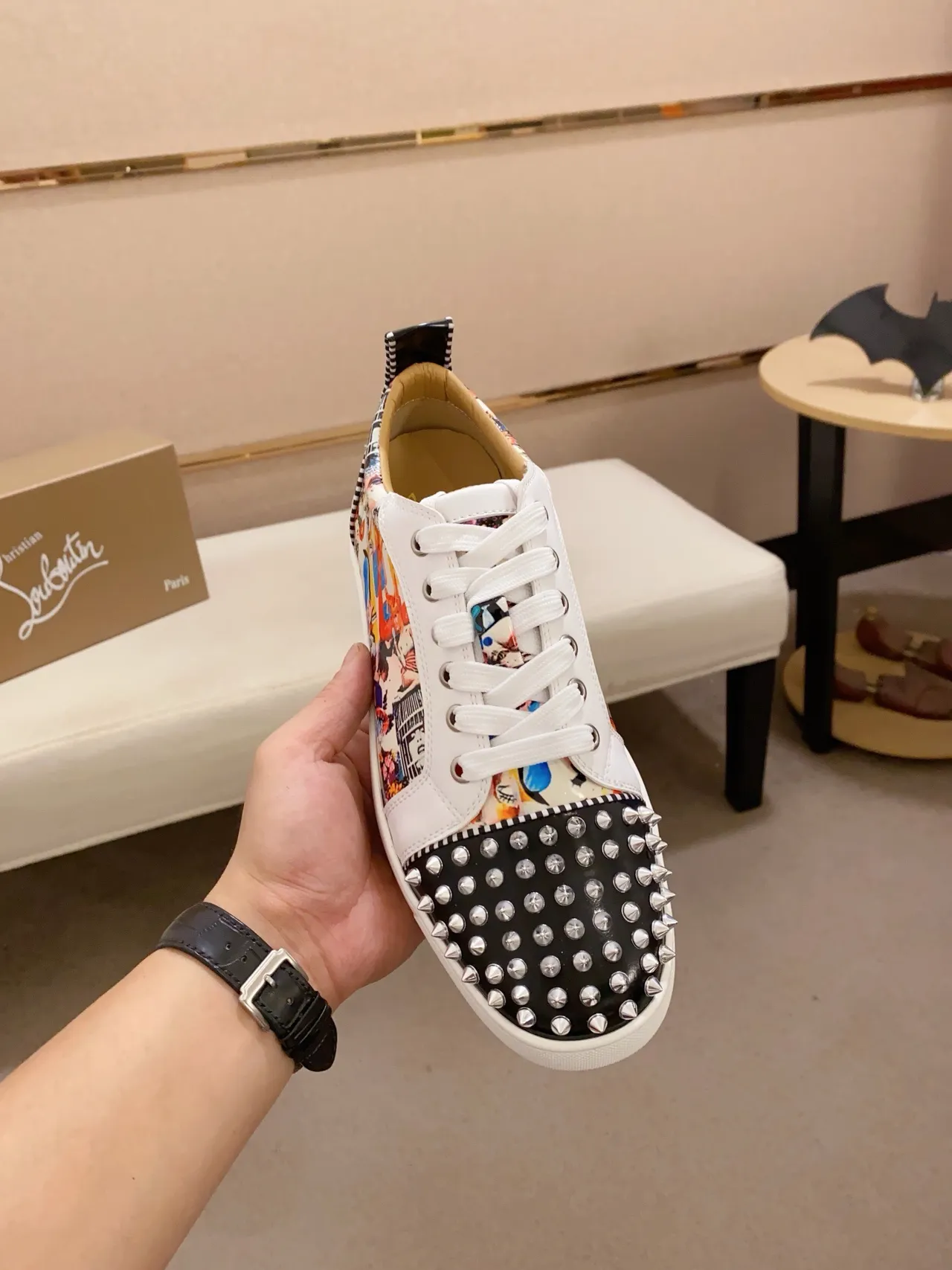 Christian Louboutin Multicolor White Studded Toe Cap Pop-Art Print Upper Lifestyle Sneakers