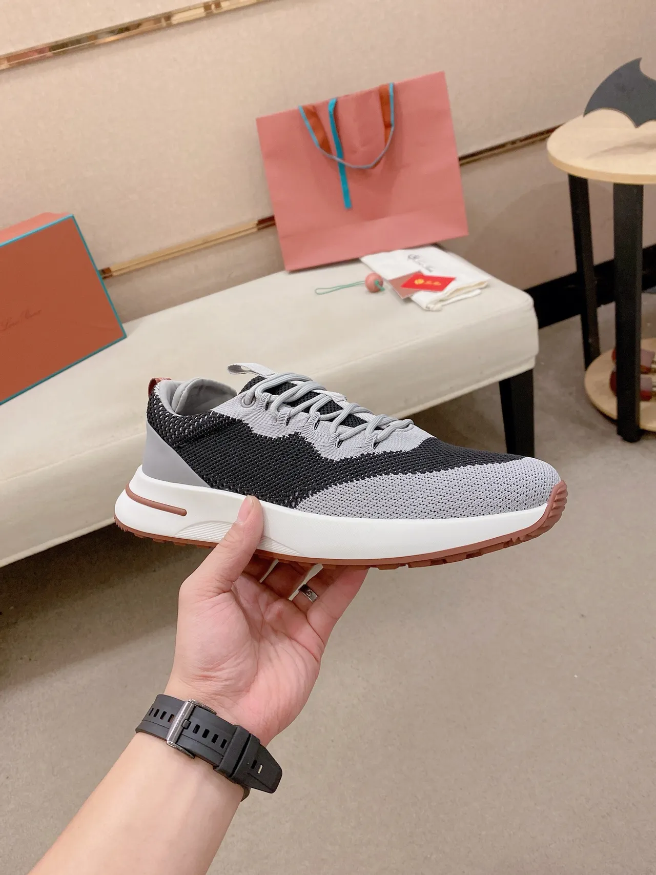 Loewe Gray Black Knit Upper Color-Blocked Sneakers
