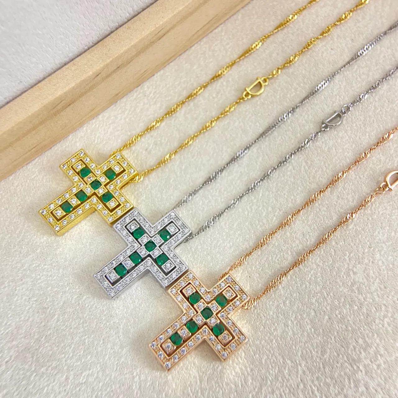 Gold Multicolor Geometric Cross Pendant Pavé-Set Gemstones Necklace