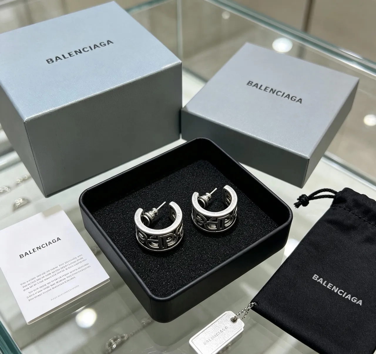 Balenciaga Logo-Integrated Hoop Silver Black Metallic Earrings