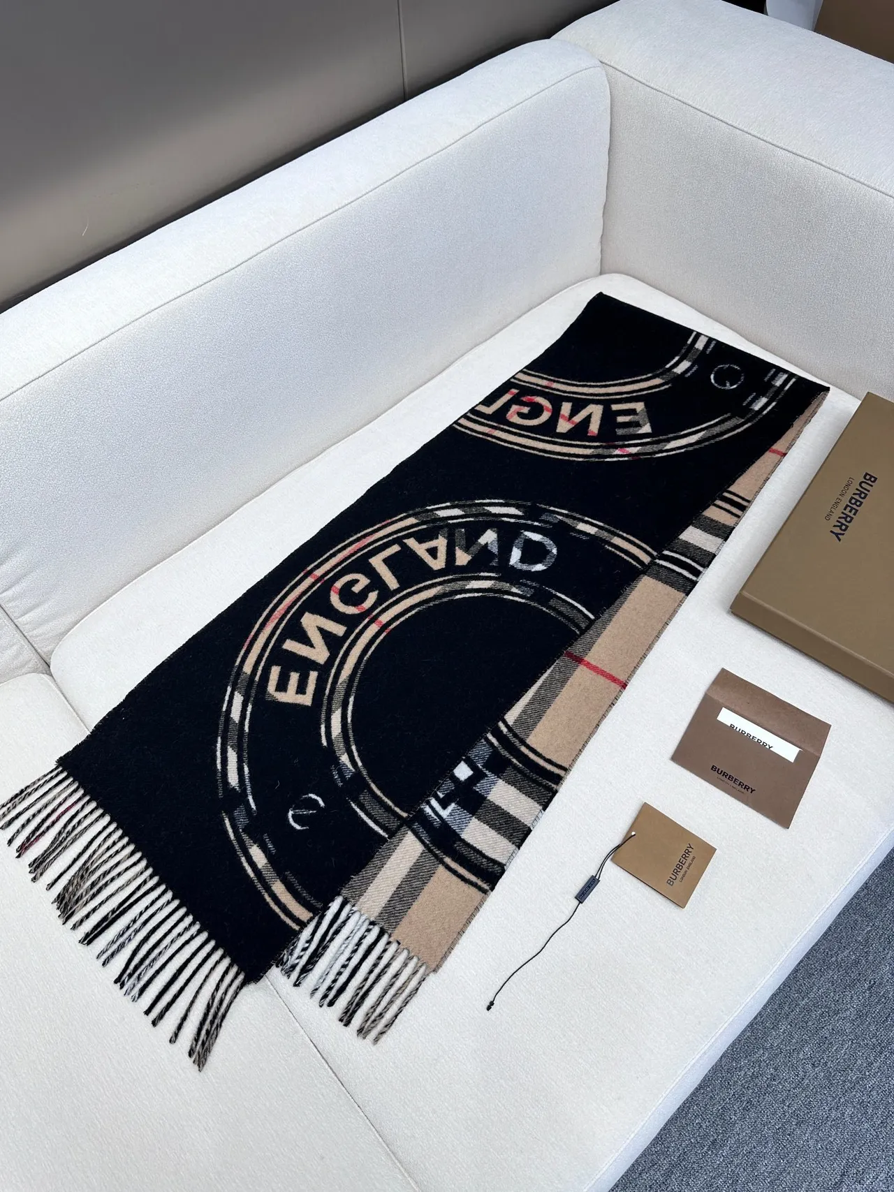 Burberry Black and Cream Fringed Cashmere Scarf