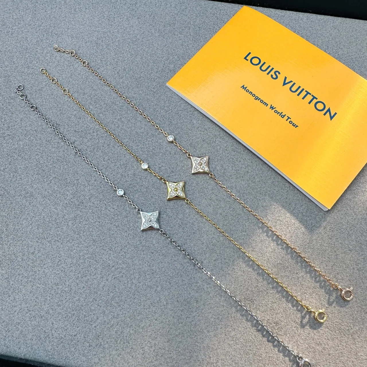 Louis Vuitton Gold Silver Fine Chain-Link Quatrefoil Star Motif Bracelet