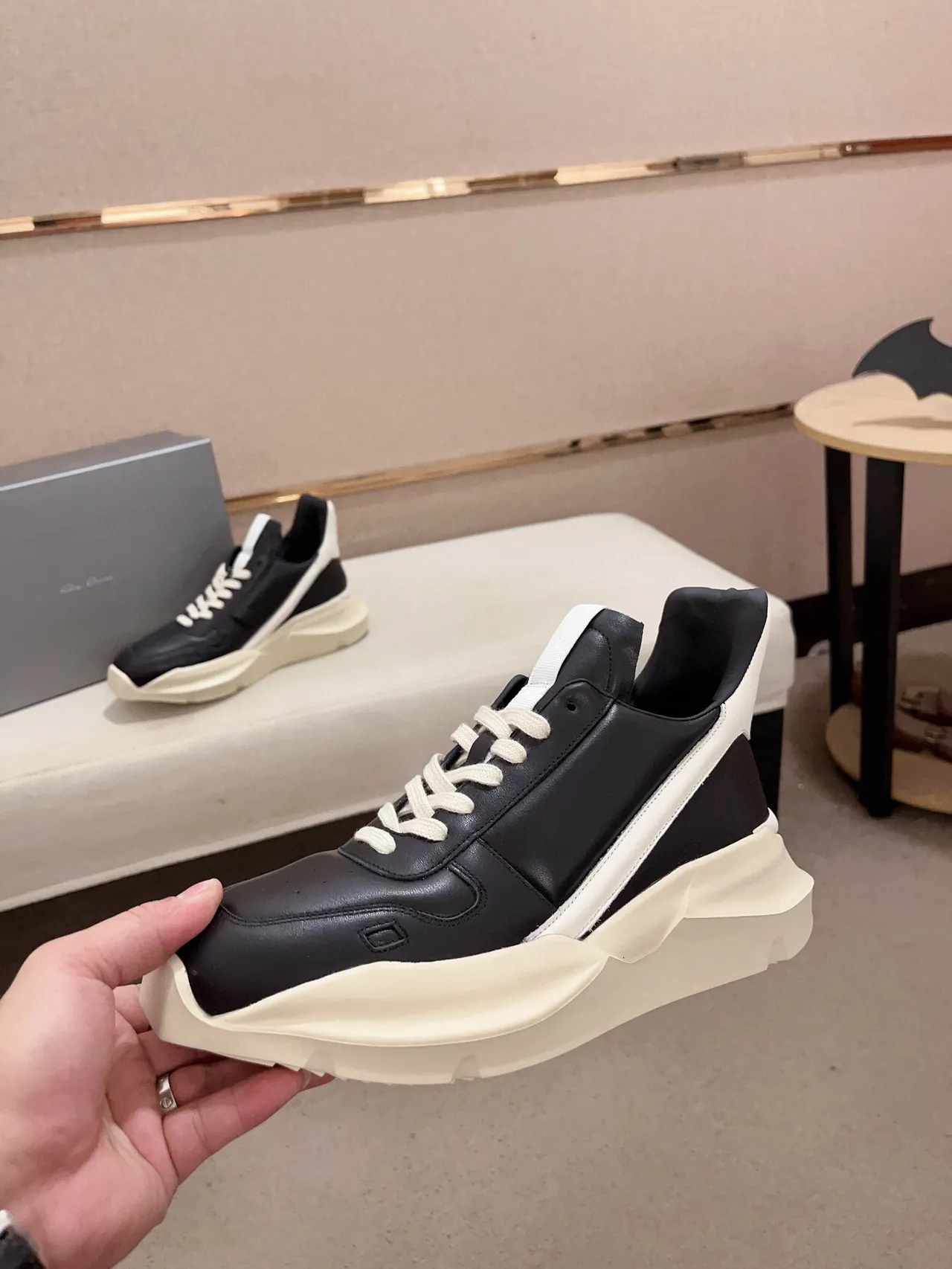 Rick Owens Black Beige Sculpted Sole Asymmetrical Heel Counter Chunky Sneakers