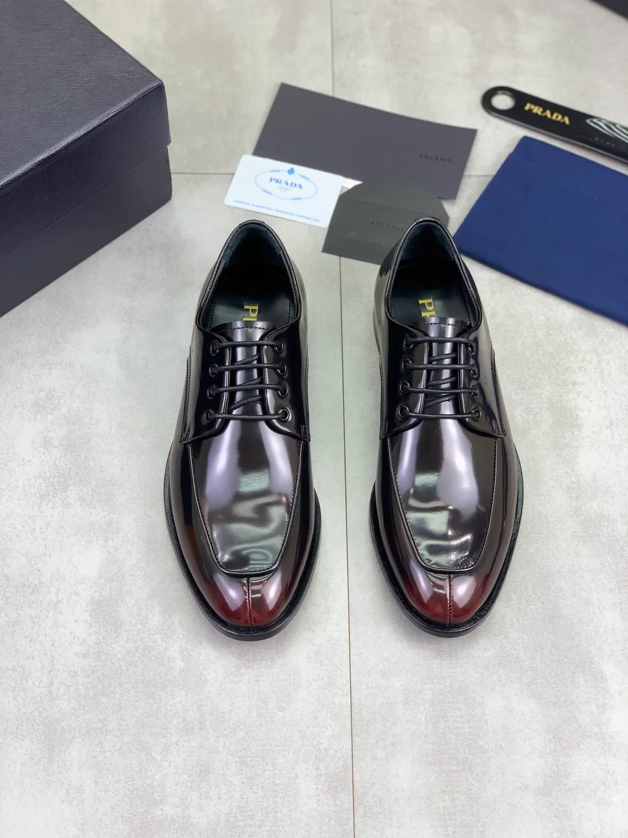 Prada Black Burgundy High-Gloss Patent Leather Cap-Toe Oxford Shoes