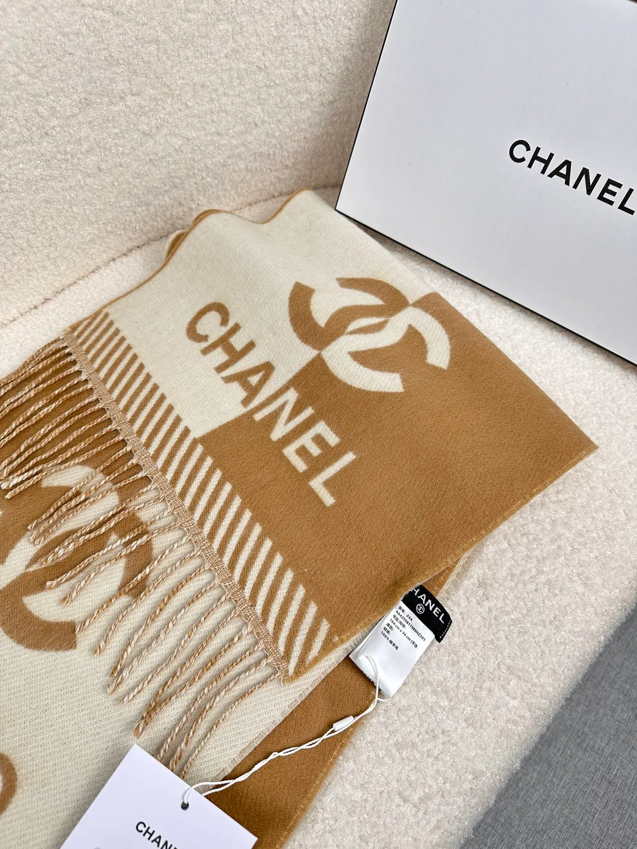 Chanel Monogrammed Beige and Cream Cashmere Scarf