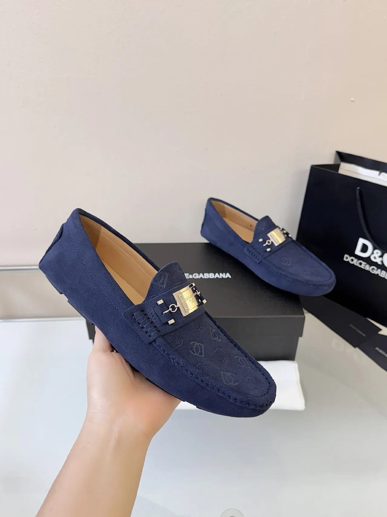Dolce & Gabbana Portofino Navy Gold Suede Embossed Monogram Loafer