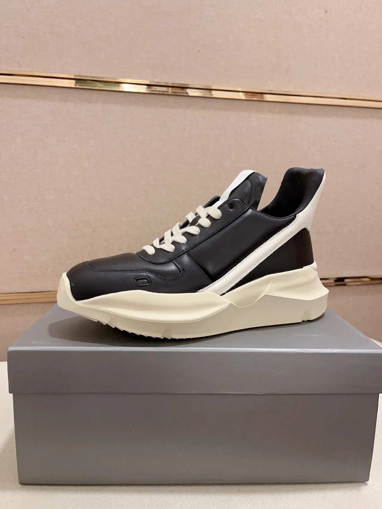 Rick Owens Black Beige Sculpted Sole Asymmetrical Heel Counter Chunky Sneakers