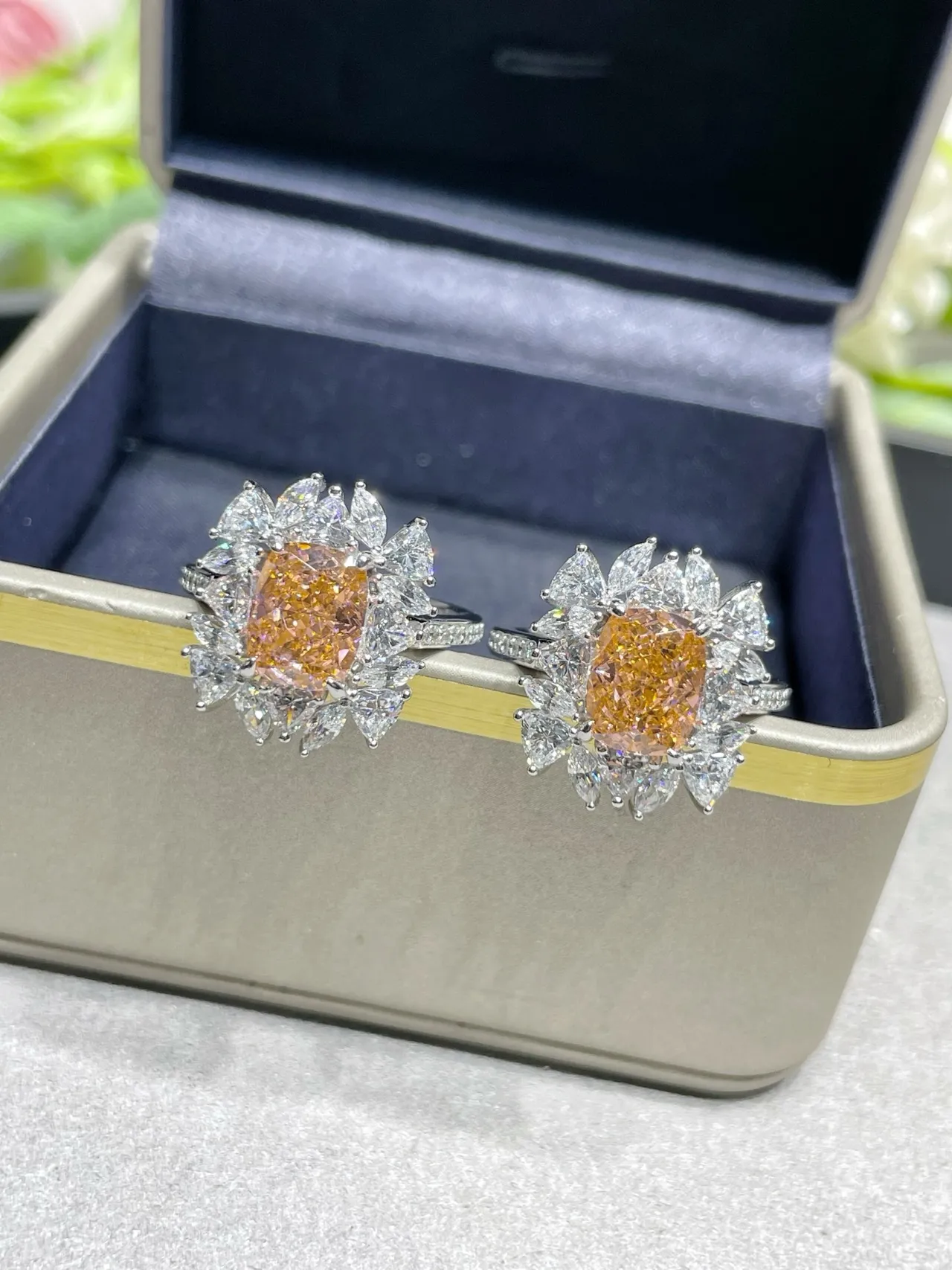 Orange Silver Floral Halo Setting Cushion-Cut Center Ring