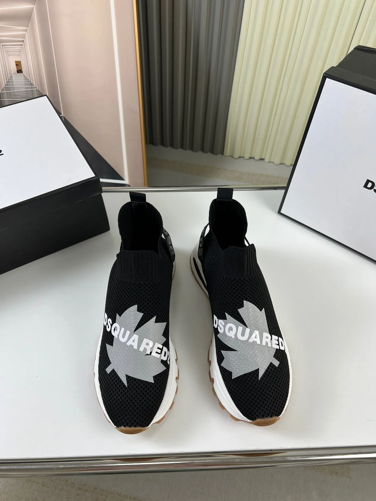 Dsquared2 Black White Knit Sock-Fit Upper Laceless Slip-On Lifestyle Sneakers