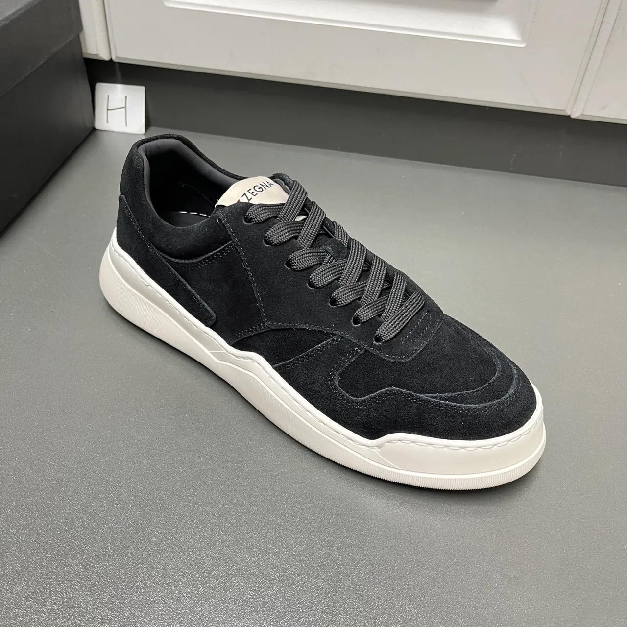 Zegna Lifestyle Sneaker Black White Suede Upper Layered Panel Construction Sneakers