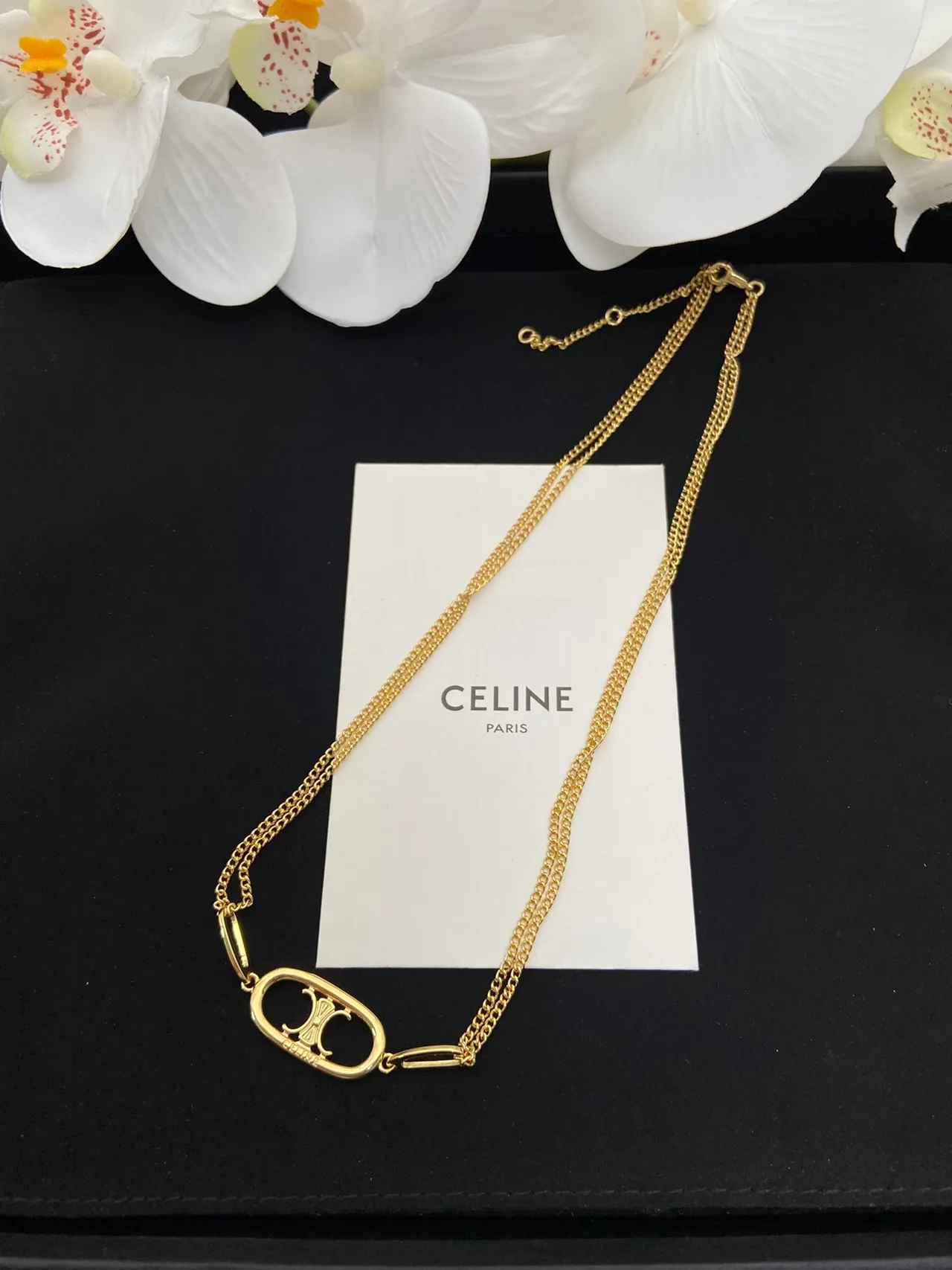 Celine Triomphe Gold White Chain Oval Logo Pendant Necklace