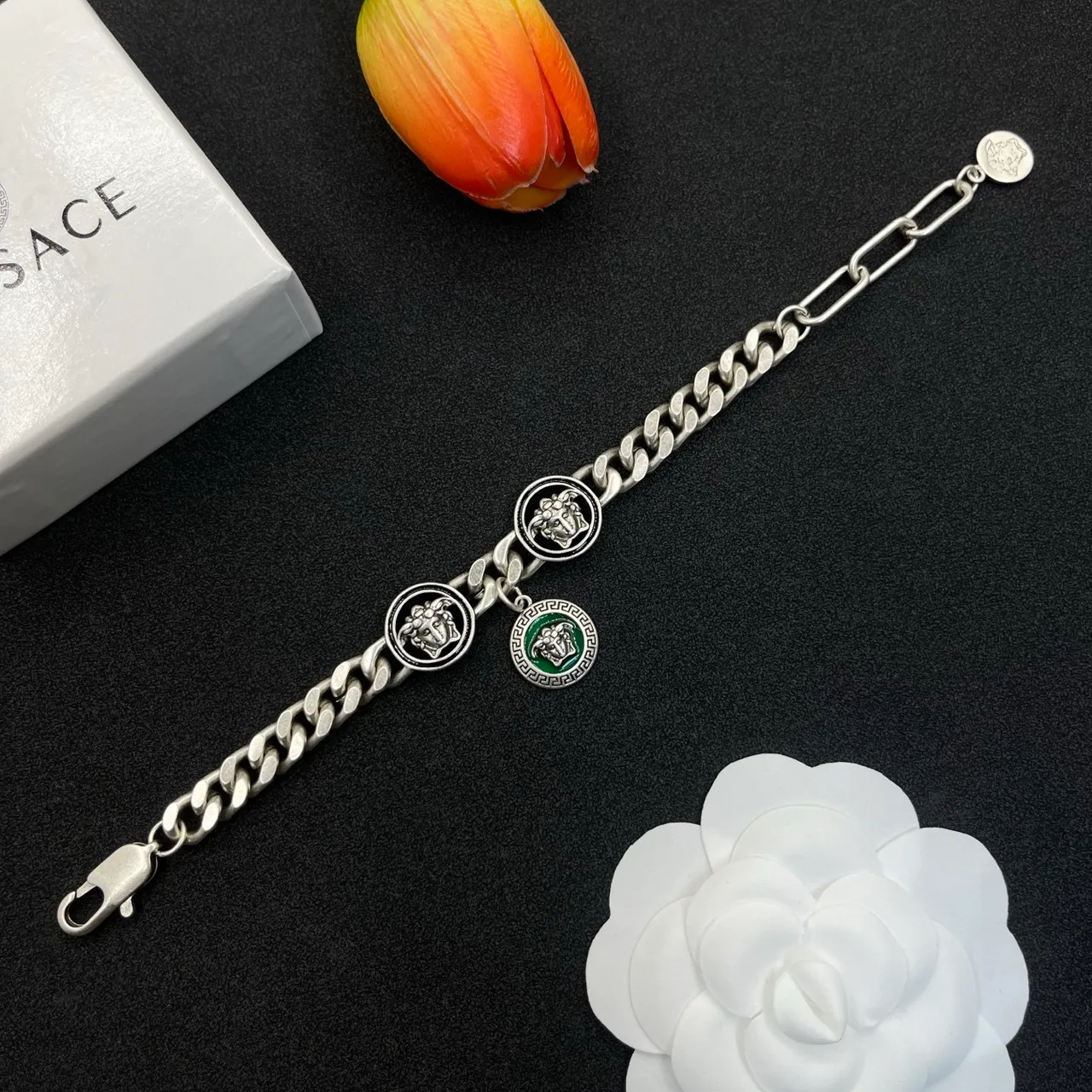 Versace Medusa Charm Bracelet Silver Green Curb Chain Bracelet