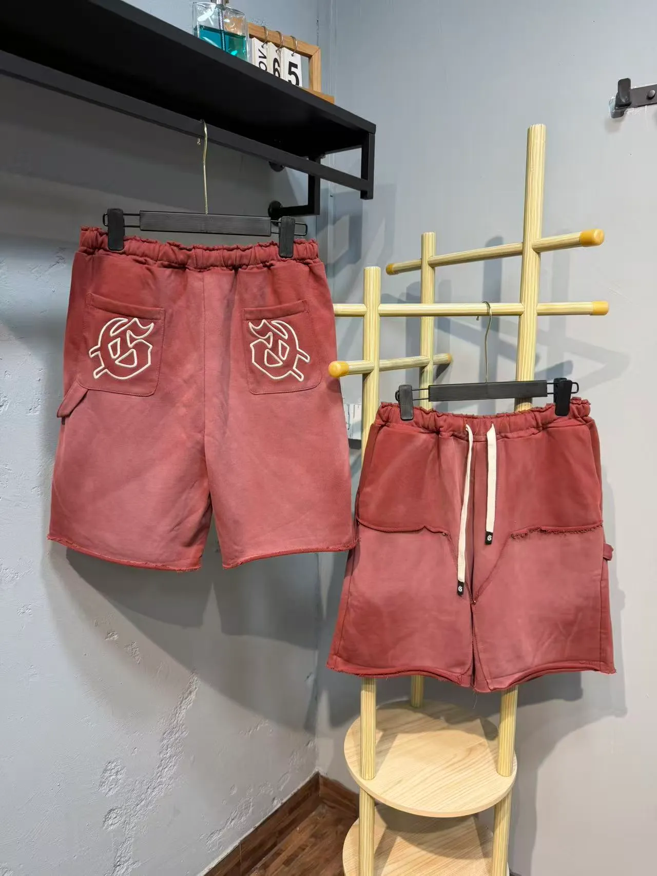 Purple Blue Elastic Waist Patch Pockets Shorts