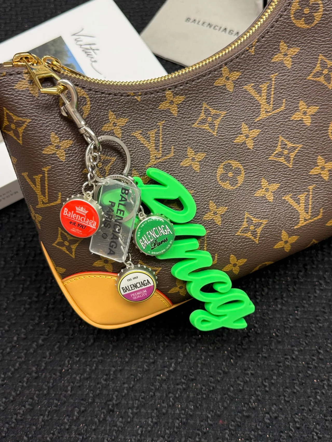 Balenciaga Multi-Charm Keychain Green Silver Cursive Resin Pendant Bracelet