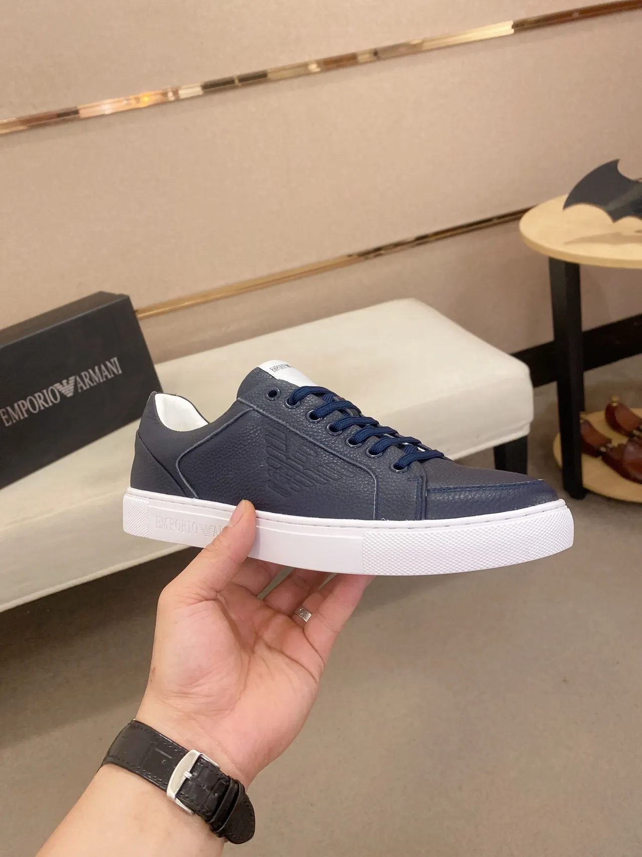 Emporio Armani Navy Leather Lifestyle Sneakers