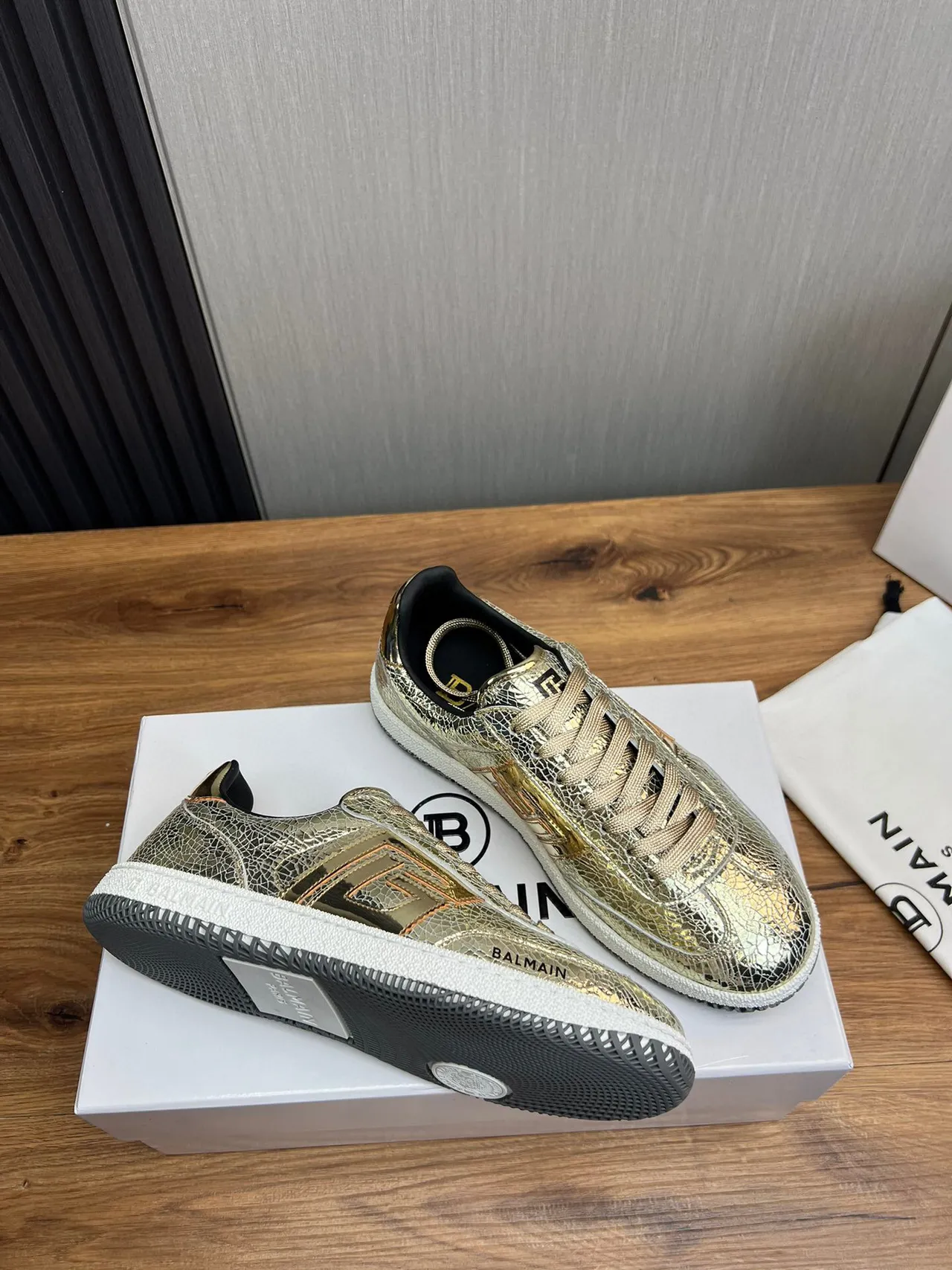 Balmain B-Court Metallic Cracked Leather Gold Black Lifestyle Sneakers