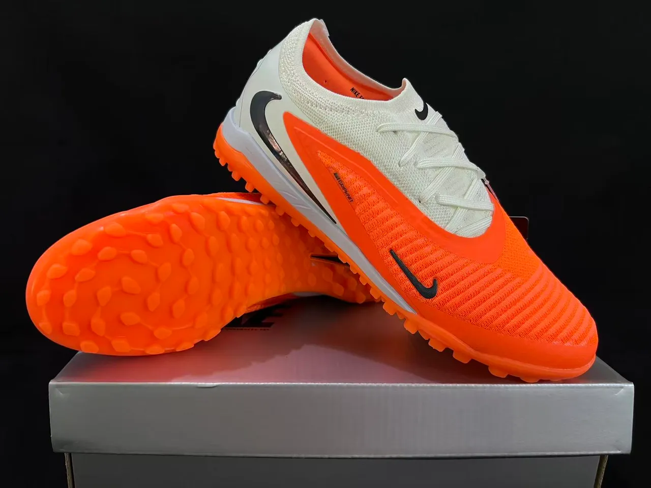 Nike Orange White Knit Upper Asymmetrical Lacing Turf Soccer Shoes