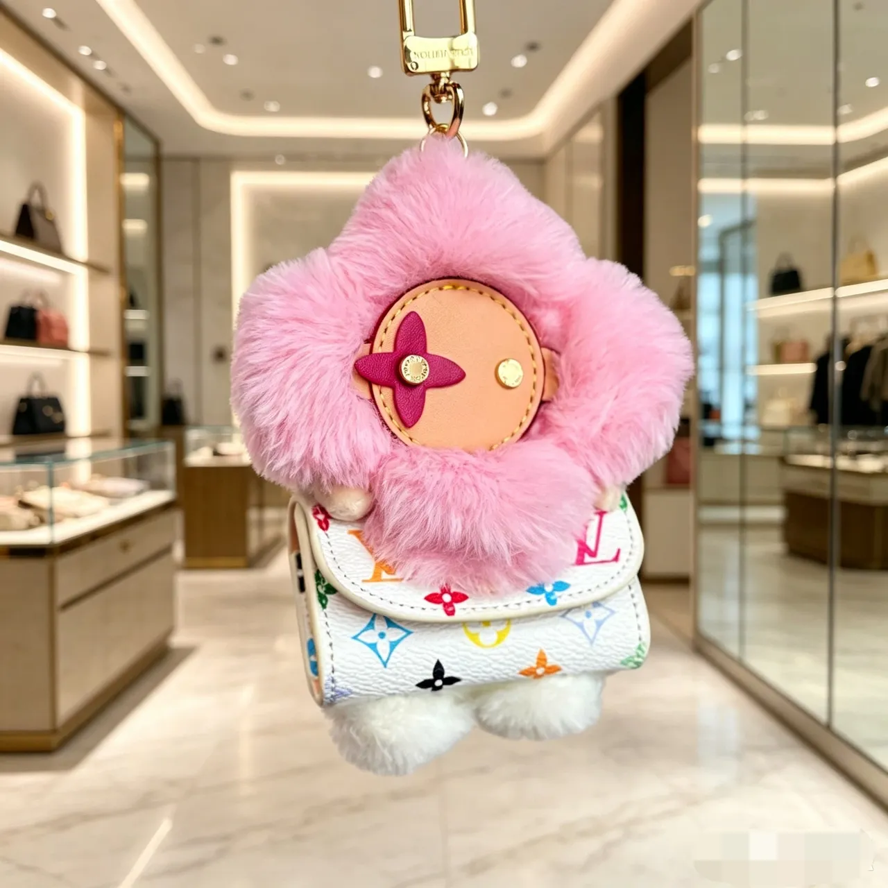 Louis Vuitton Vivienne Pink Beige Floral Plush Charm Faux Fur Trim Handbag