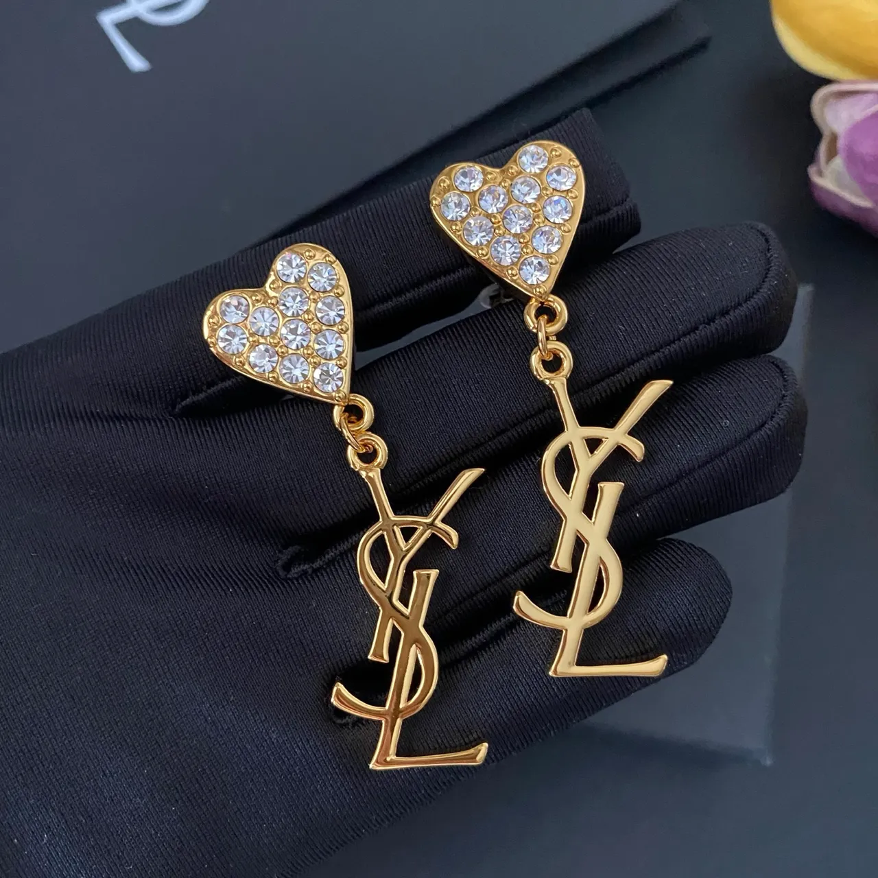 Saint Laurent Heart Crystal and Monogram Dangling Earrings