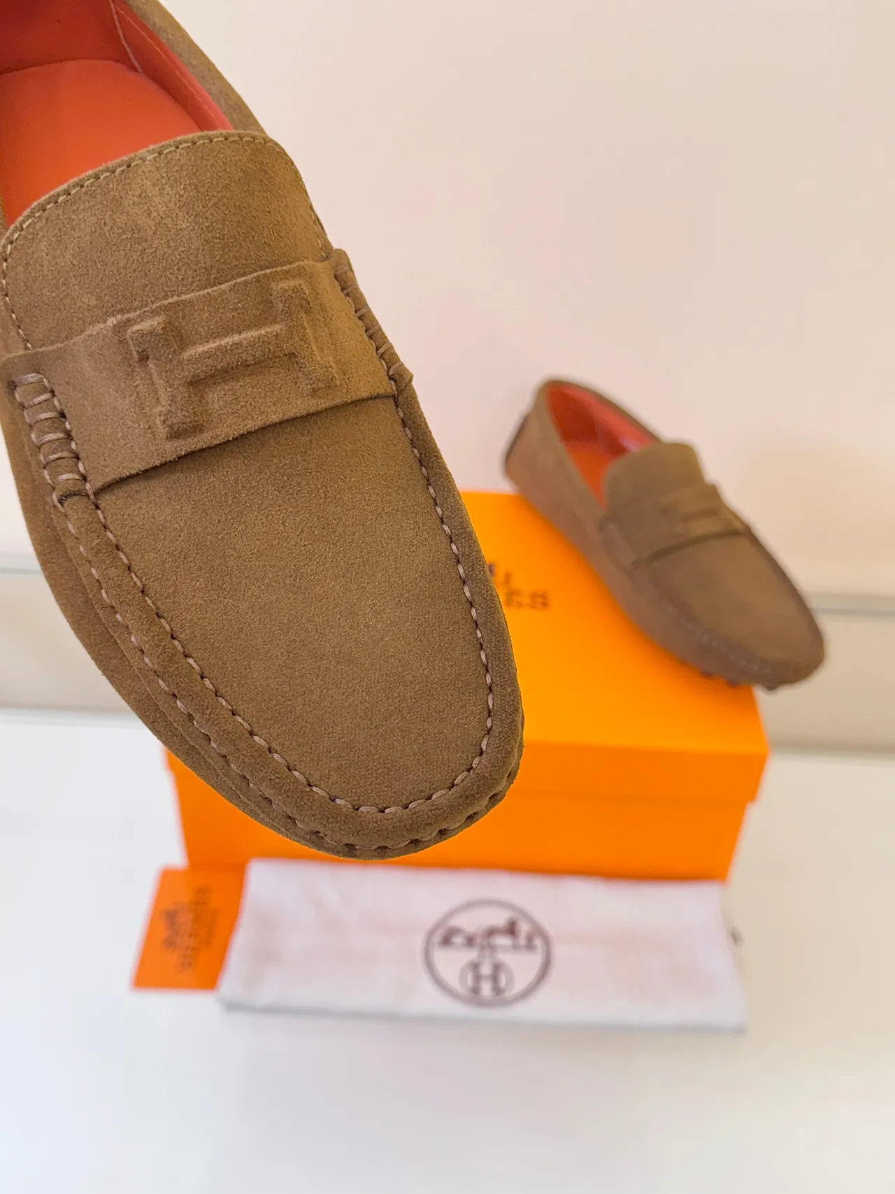 Hermès Oran Brown Orange Suede Upper Penny Strap Loafer