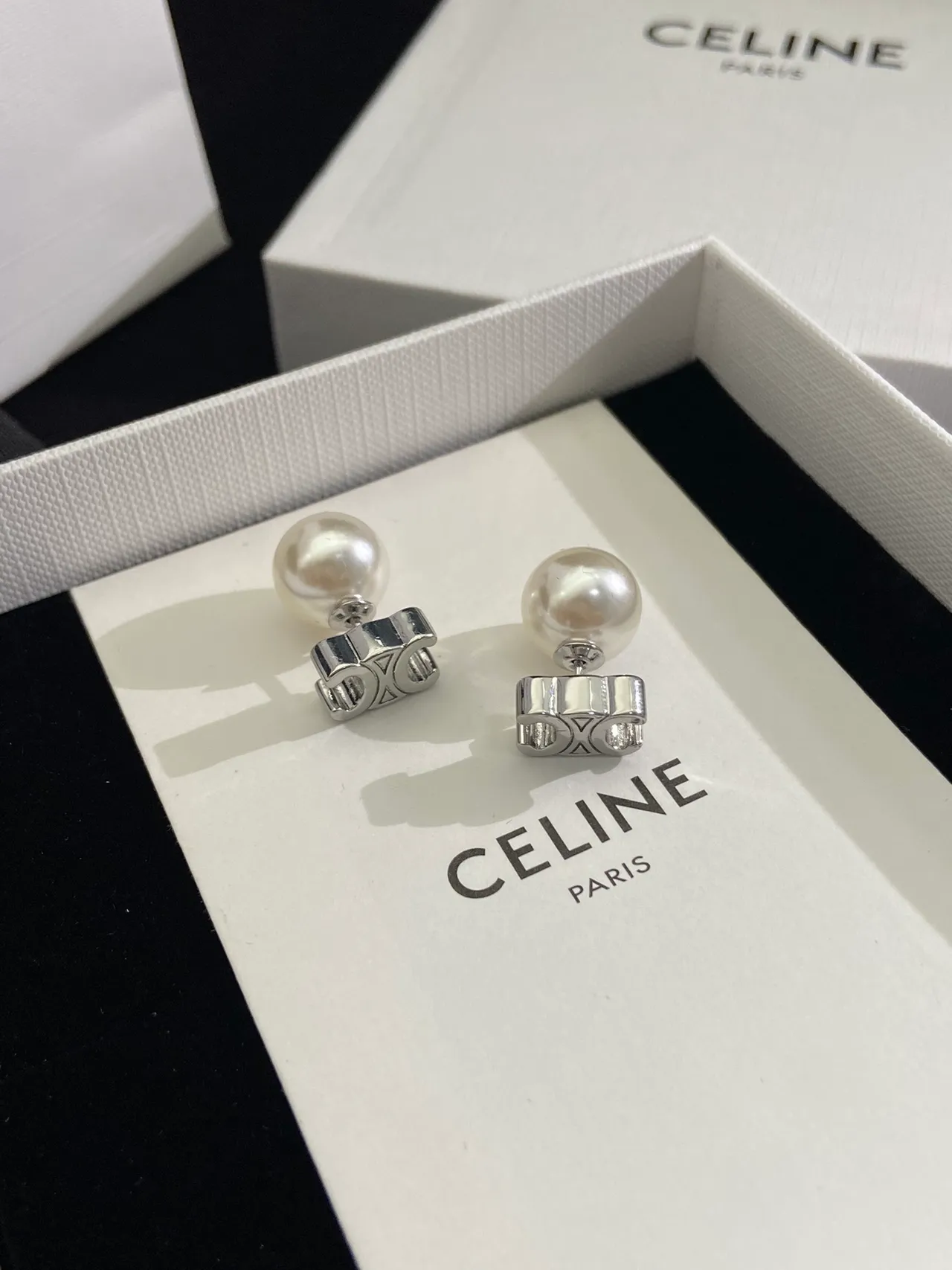 Celine White Silver Pearl Studs Geometric Base Earrings