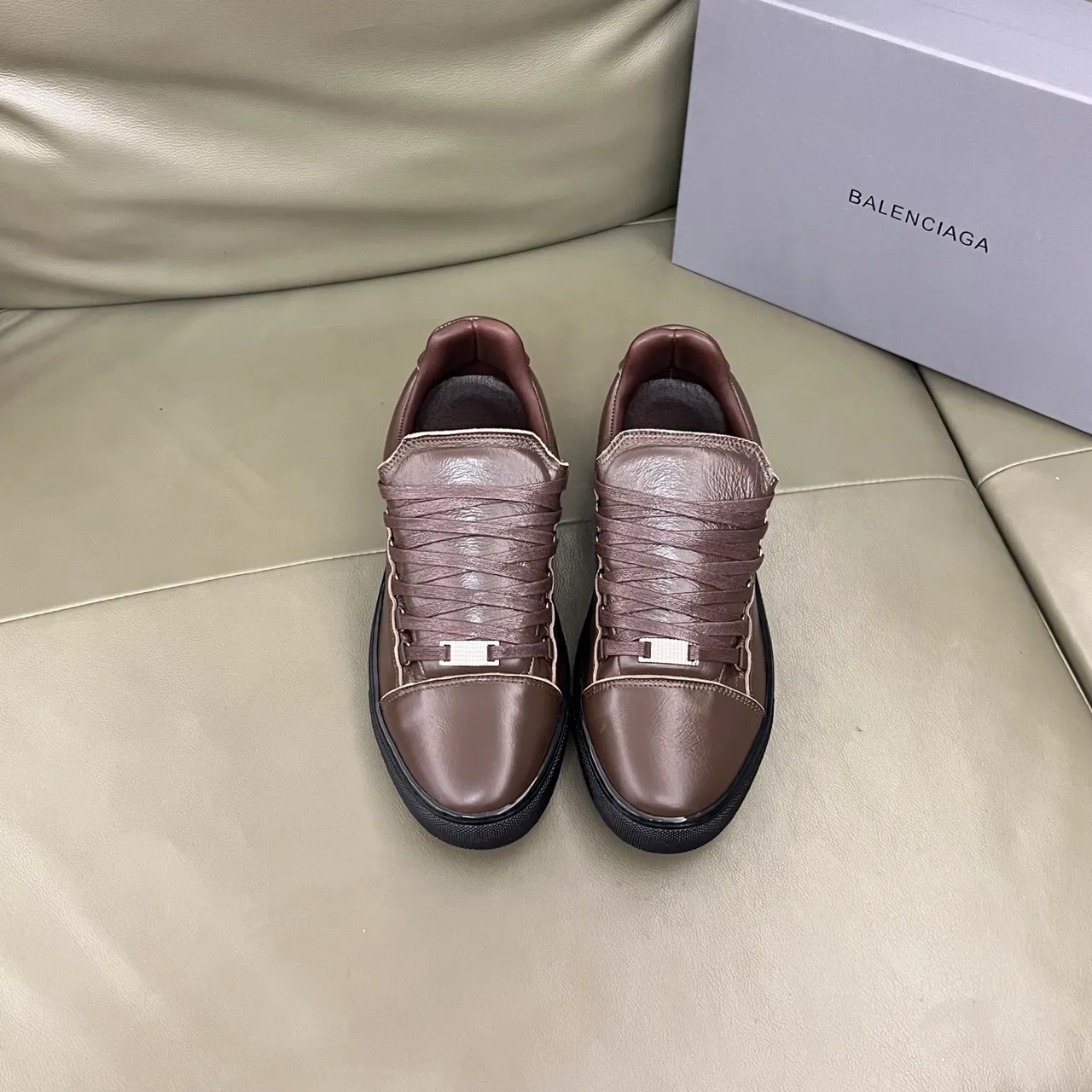 Balenciaga Speed Trainer Brown Leather Strap Laceless Lifestyle Sneaker