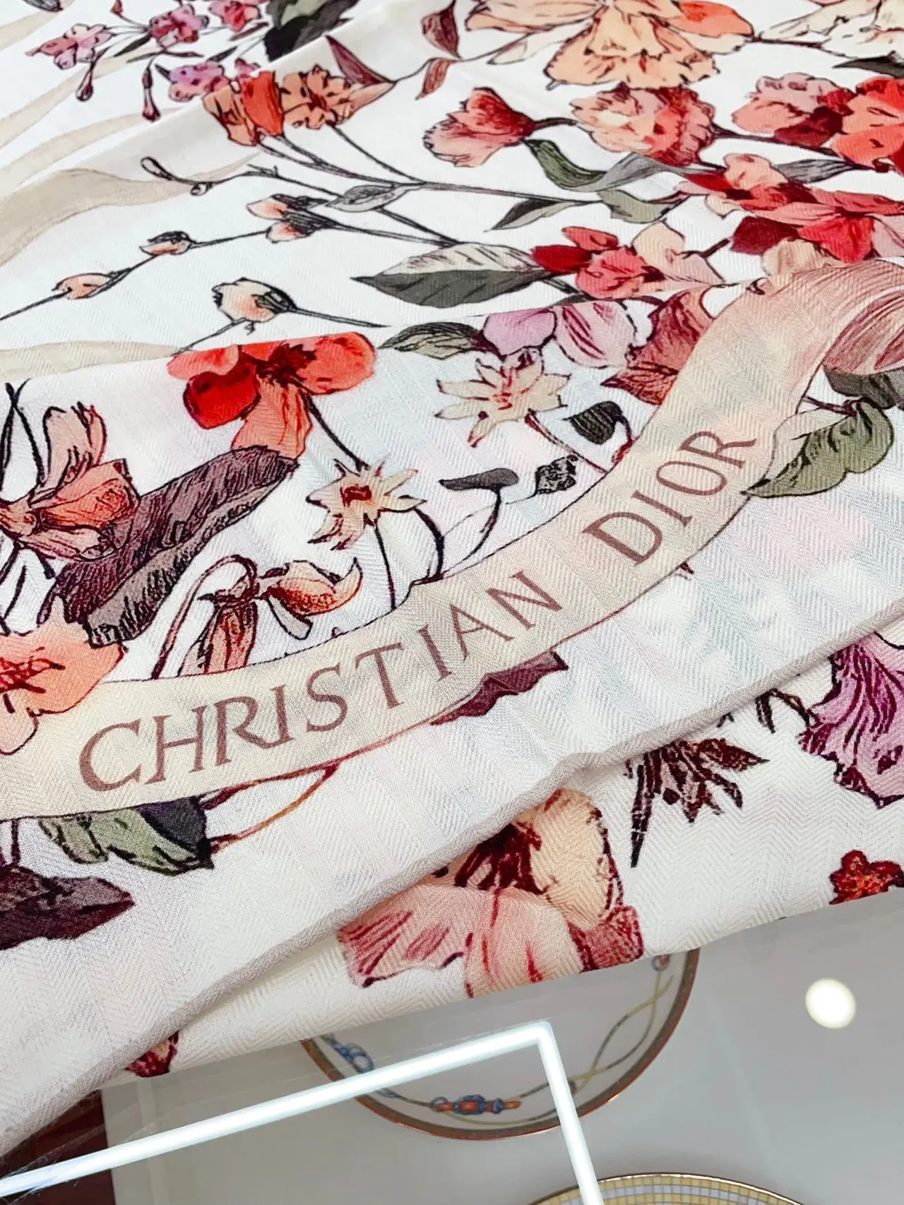 Dior Floral-Print Cream Silk Scarf