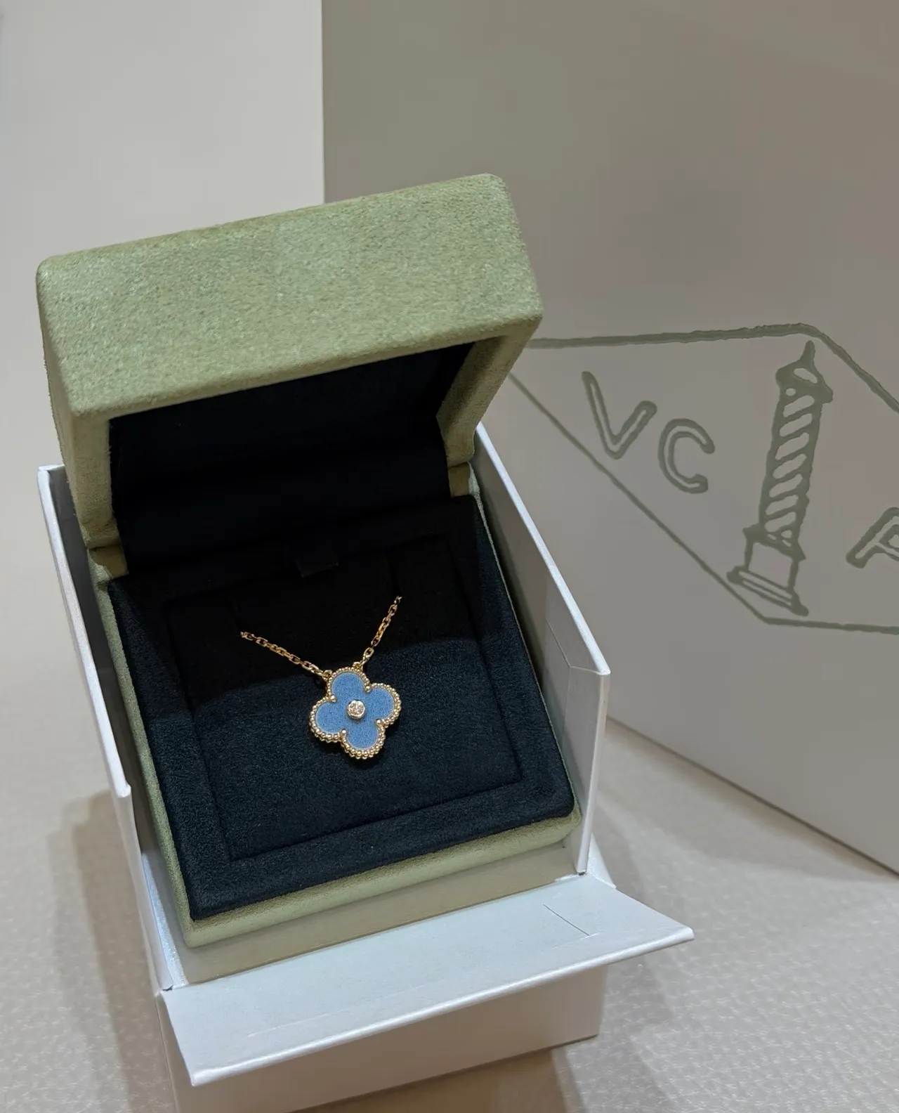 Van Cleef & Arpels Alhambra Blue Enamel Gold-Tone Diamond Pendant Necklace