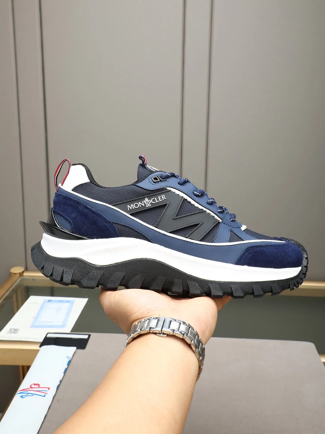 Moncler Navy Black Blue Suede And Mesh Upper White Midsole Stripe Sneakers