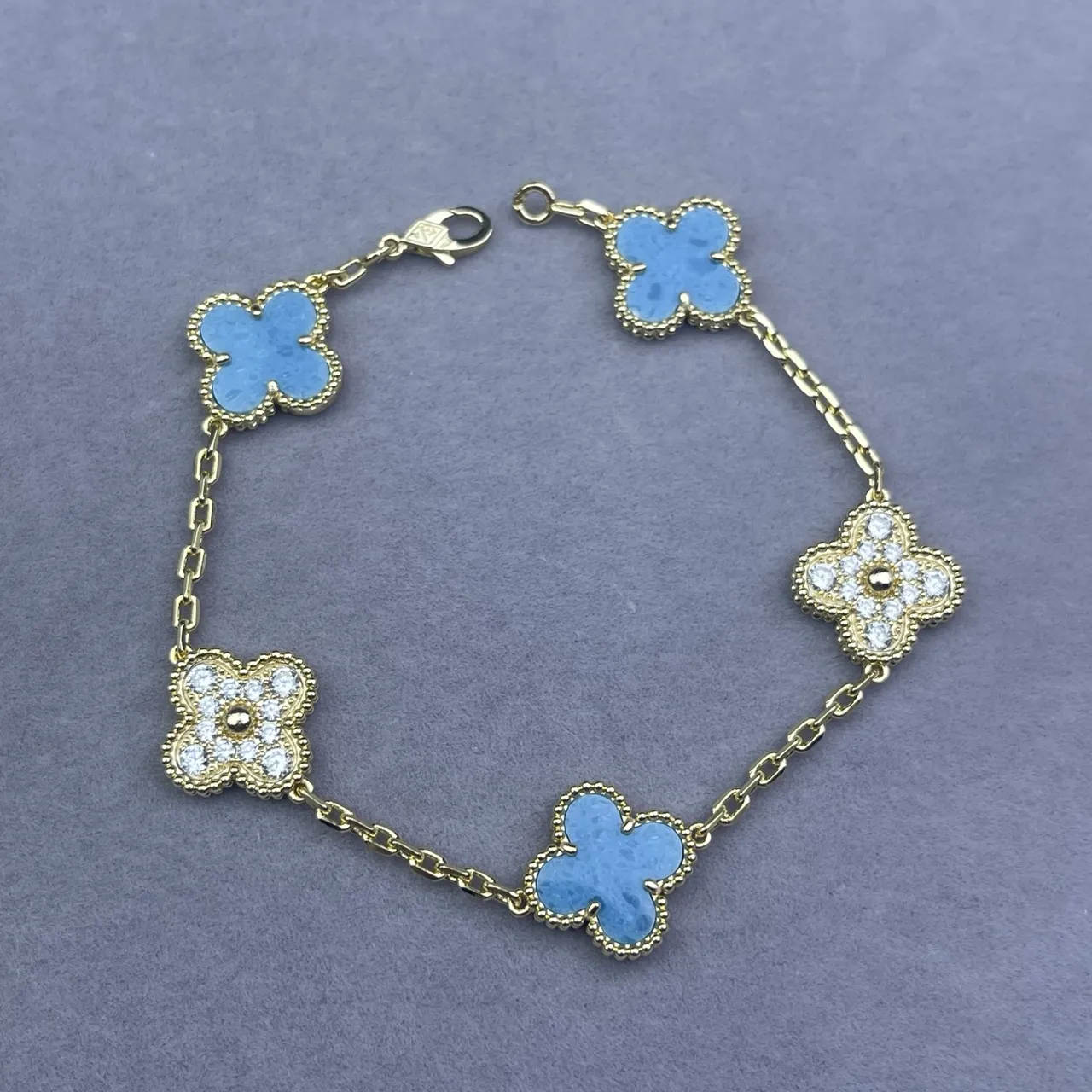 Van Cleef & Arpels Alhambra Gold Blue Chain Quatrefoil Clover Motifs Bracelet