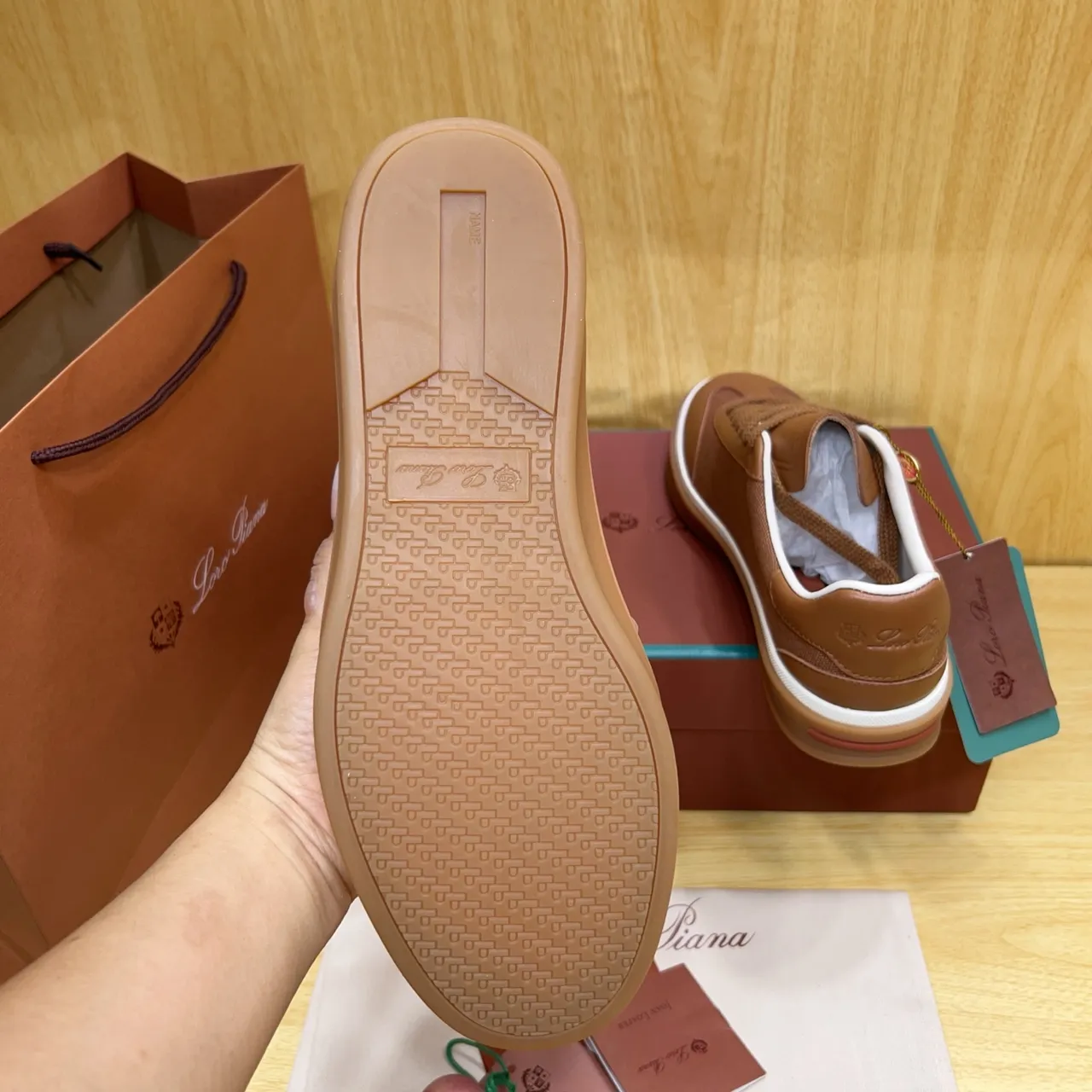 Loro Piana Brown Leather and Textile Low-Top Lifestyle Sneaker