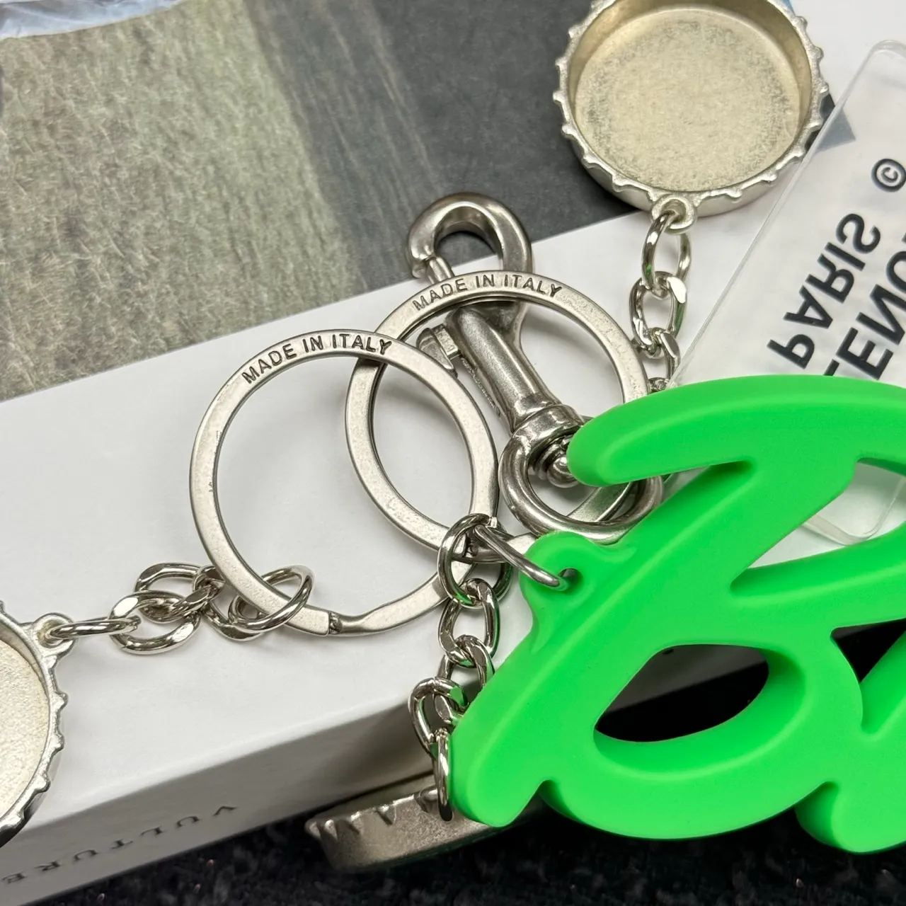 Balenciaga Multi-Charm Keychain Green Silver Cursive Resin Pendant Bracelet